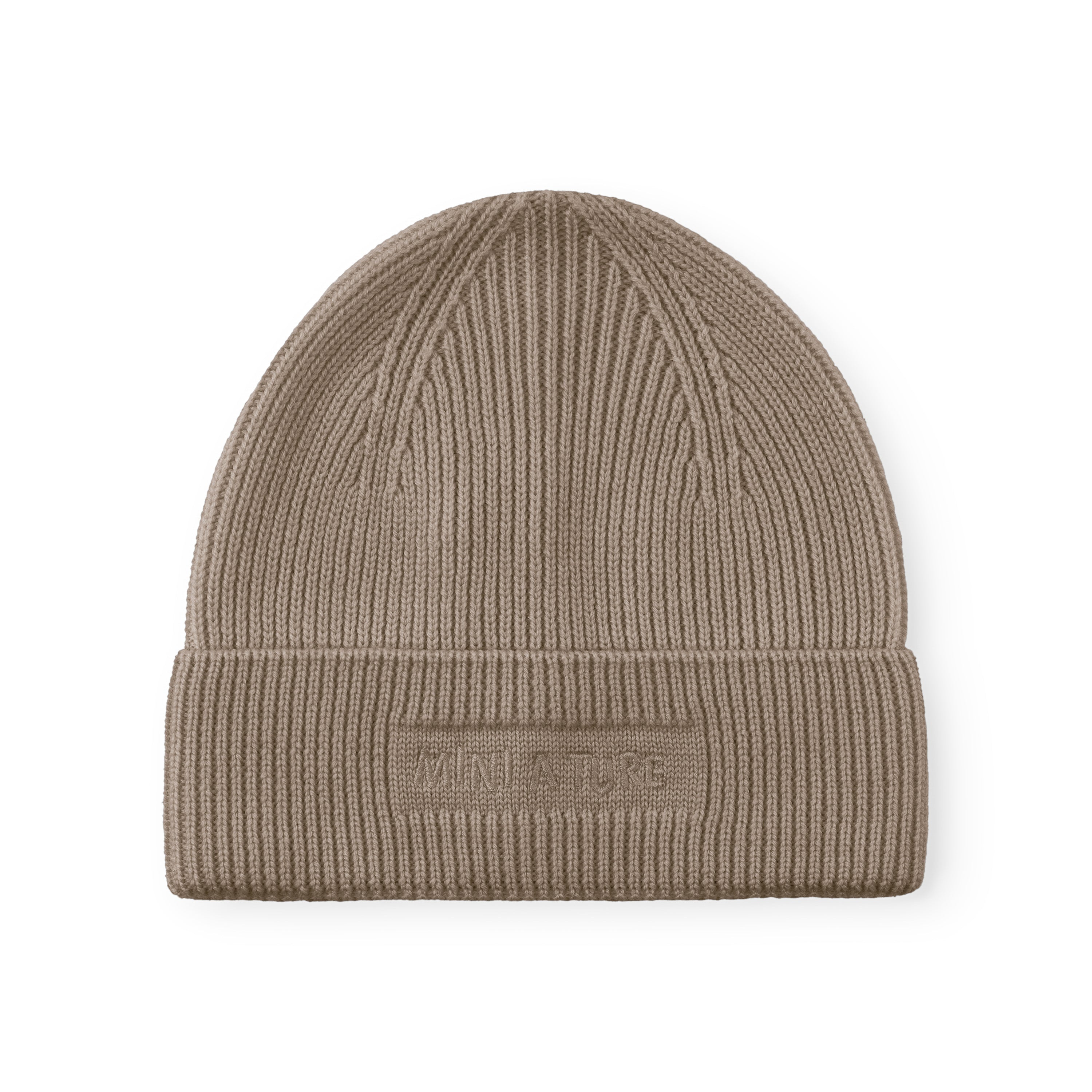 MATBOJE beanie in warm taupe merino wool with a ribbed knit and fold-up brim, laid flat against a white background showing the embroidered MINI A TURE logo.