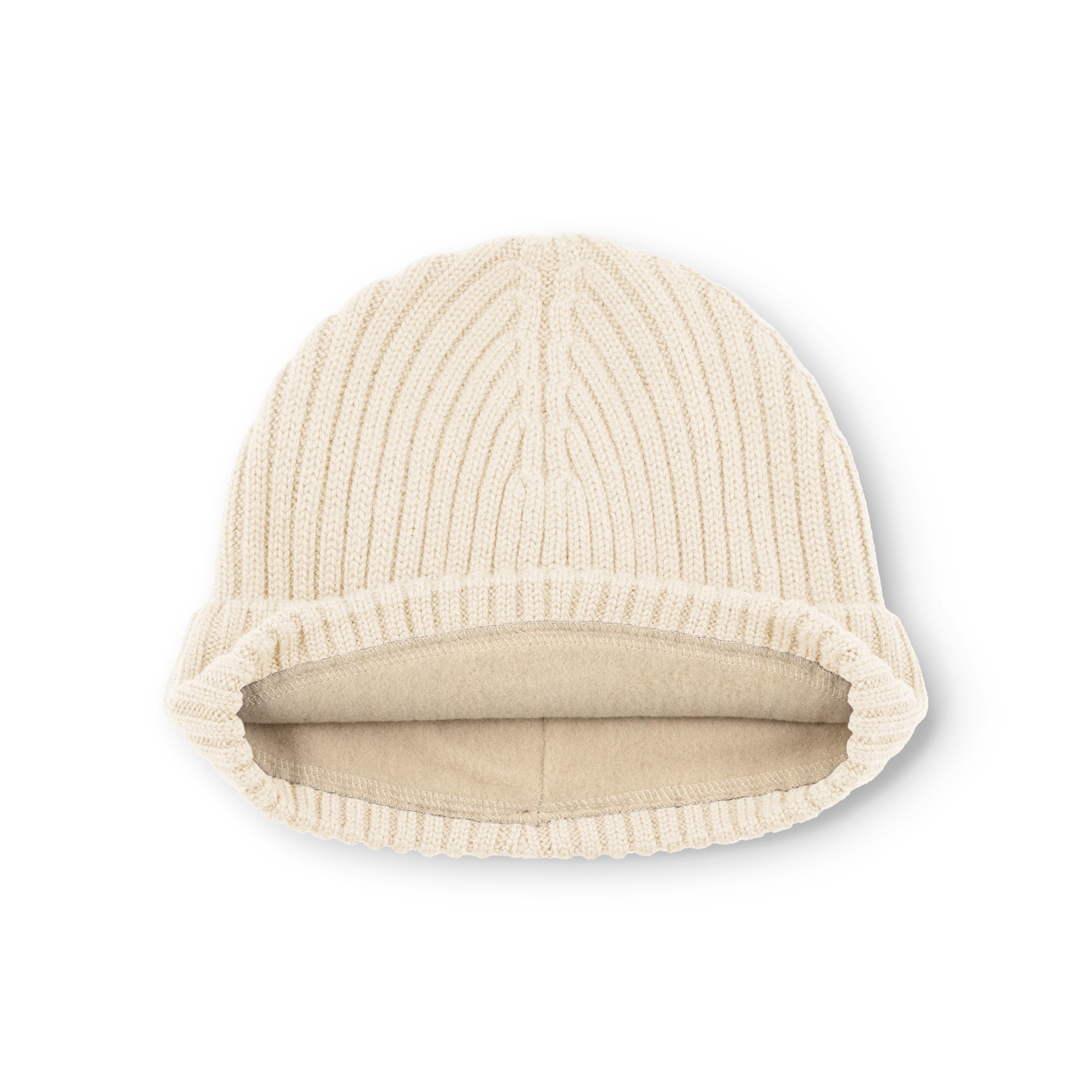 MATBOJE fleece lined beanie in cream merino wool laid flat with the fold-up brim turned back to display the soft beige fleece lining and the ribbed knit construction throughout the crown.