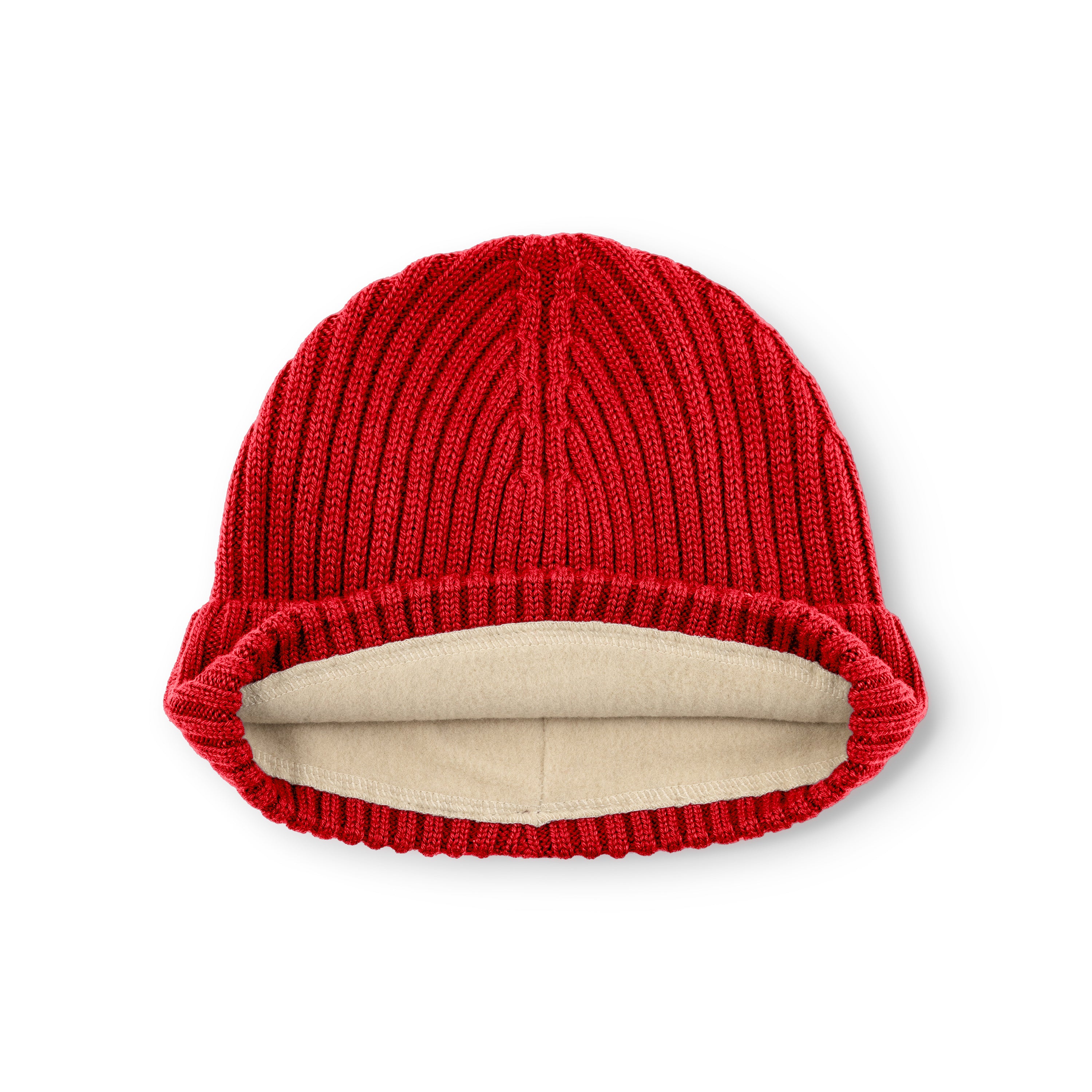 MATBOJE fleece lined beanie in bright red merino wool laid flat with the fold-up brim turned back, revealing the cream recycled polyester fleece lining and the ribbed knit structure across the crown.