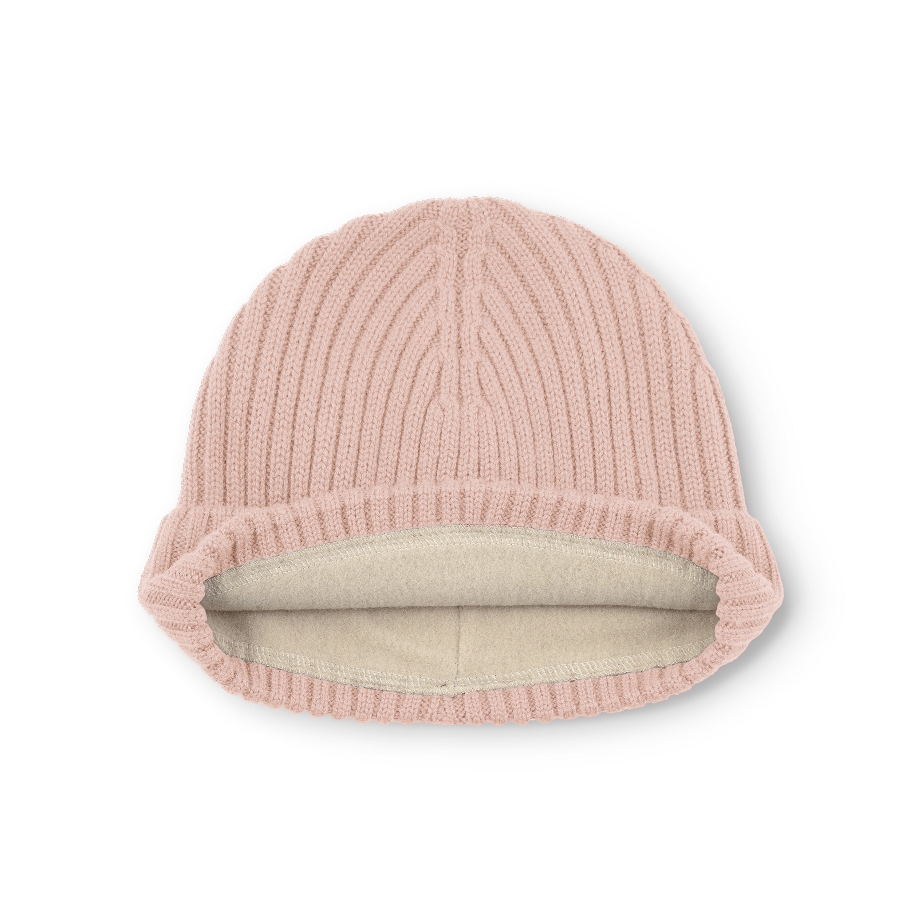 MATBOJE fleece lined beanie shown with fold-up brim turned back to reveal the cream fleece lining inside, demonstrating the adjustable fit and extra warmth layer.