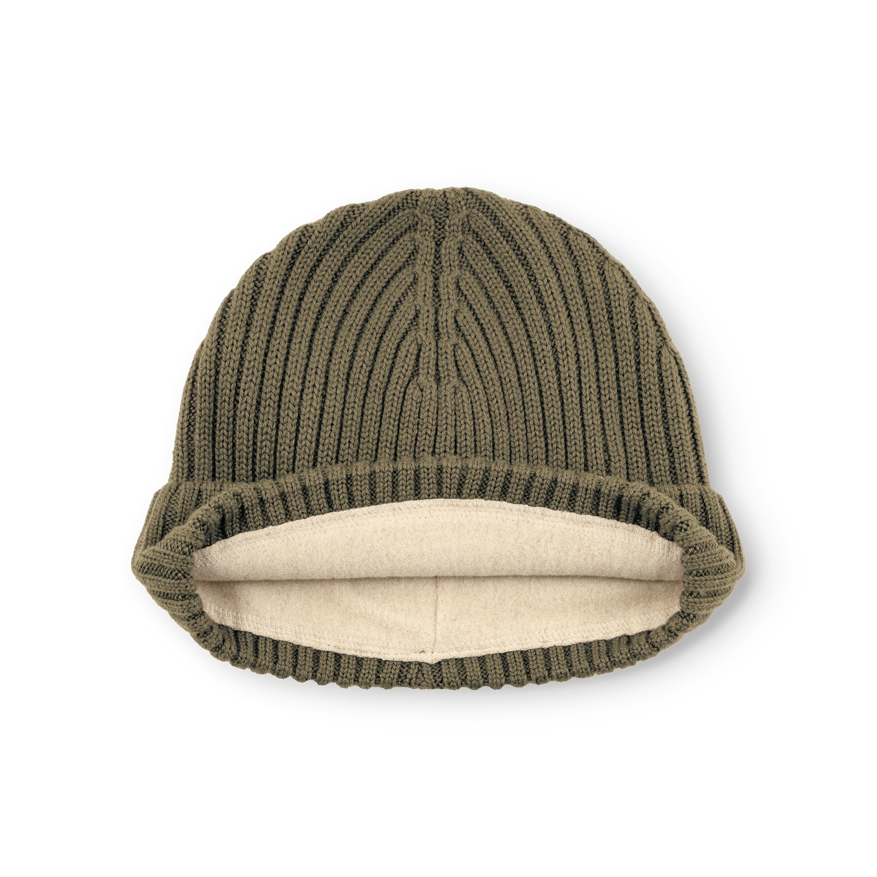 MATBOJE fleece lined beanie in olive green merino wool laid flat with the fold-up brim turned back, revealing the cream recycled polyester fleece lining and the ribbed knit texture throughout.