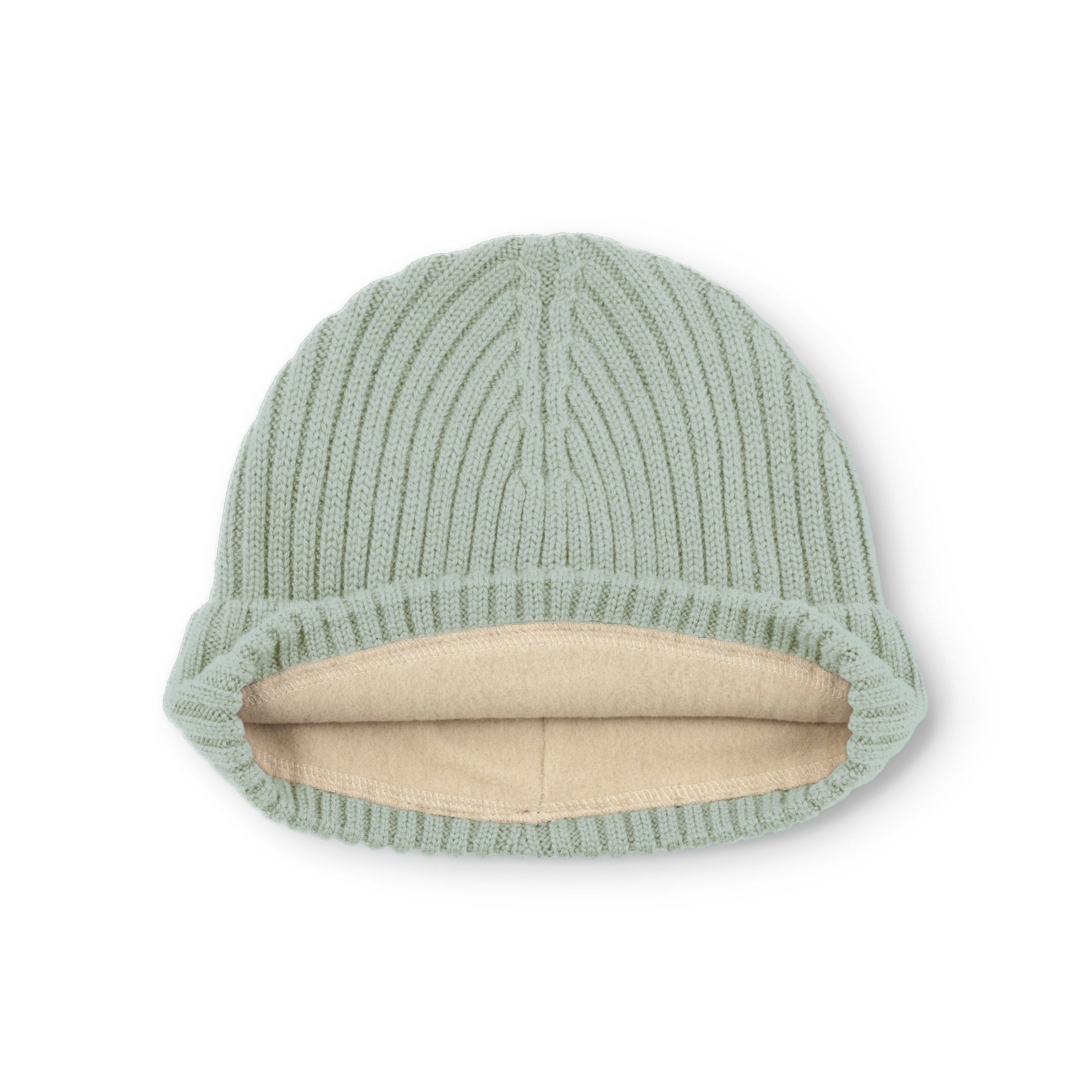 MATBOJE fleece lined beanie in pale mint green merino wool laid flat with the fold-up brim turned back, exposing the cream fleece lining and showcasing the ribbed knit detail across the crown.