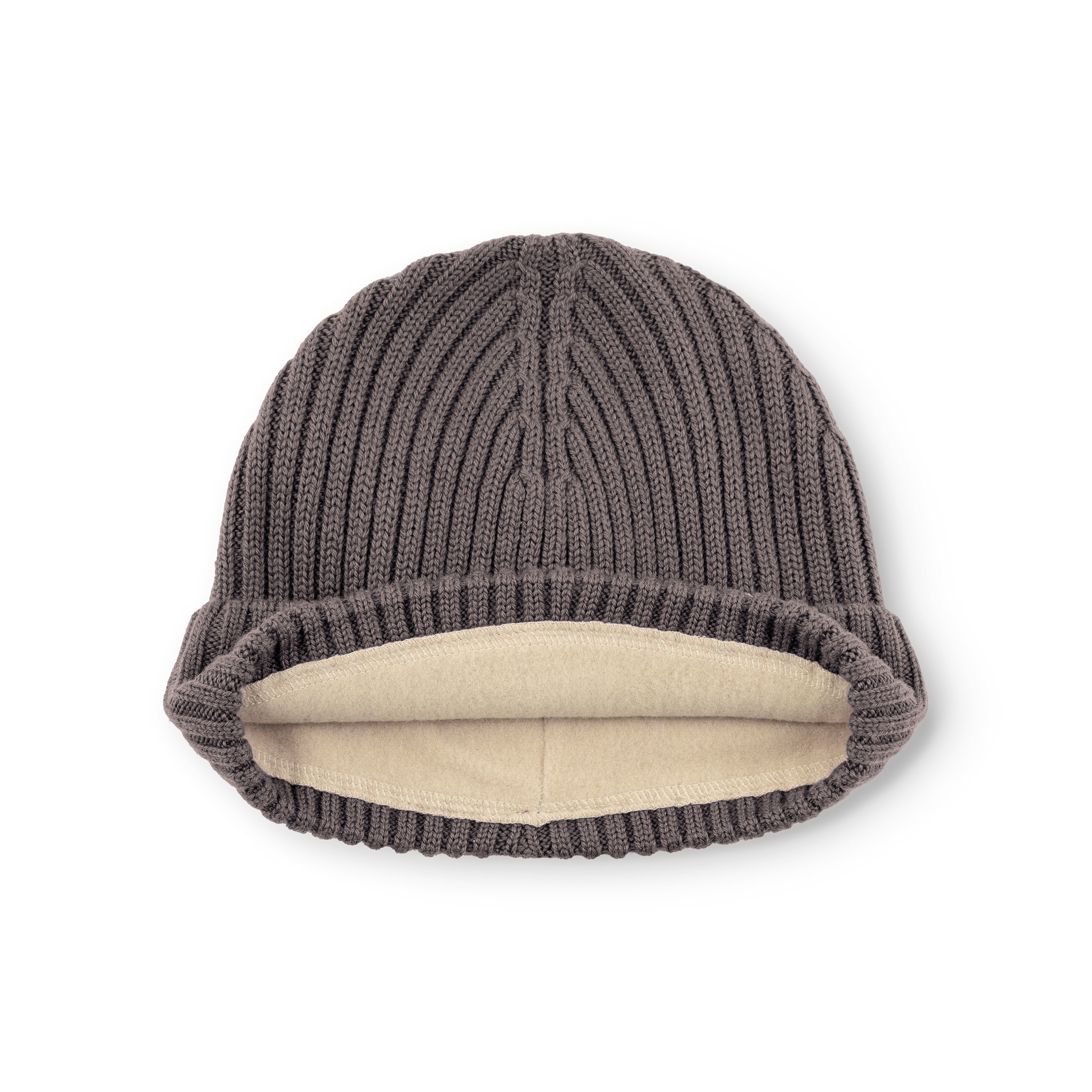 MATBOJE fleece lined beanie in charcoal grey merino wool laid flat with the fold-up brim turned back, exposing the cream recycled polyester fleece lining and the vertical ribbed knit construction across the crown.