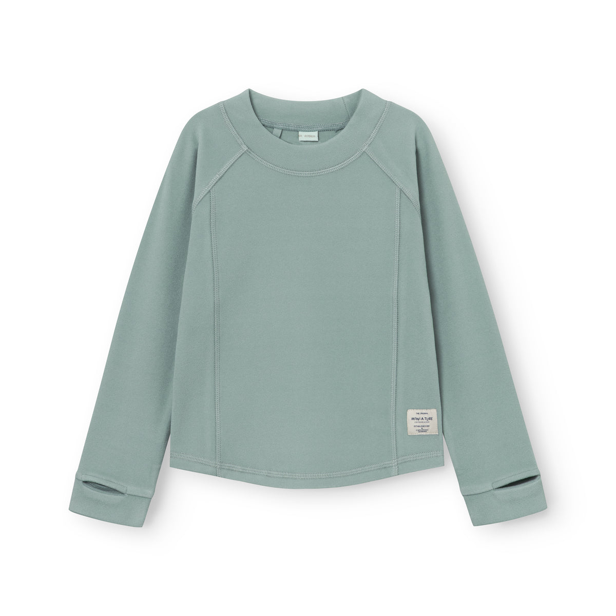 Hellgrünes MATLENIE Fleece-Langarmshirt für Kinder mit flachen Raglan-Nähten, Rundhalsausschnitt und Markenetikett am Saum, flach ausgelegt auf weißem Hintergrund.