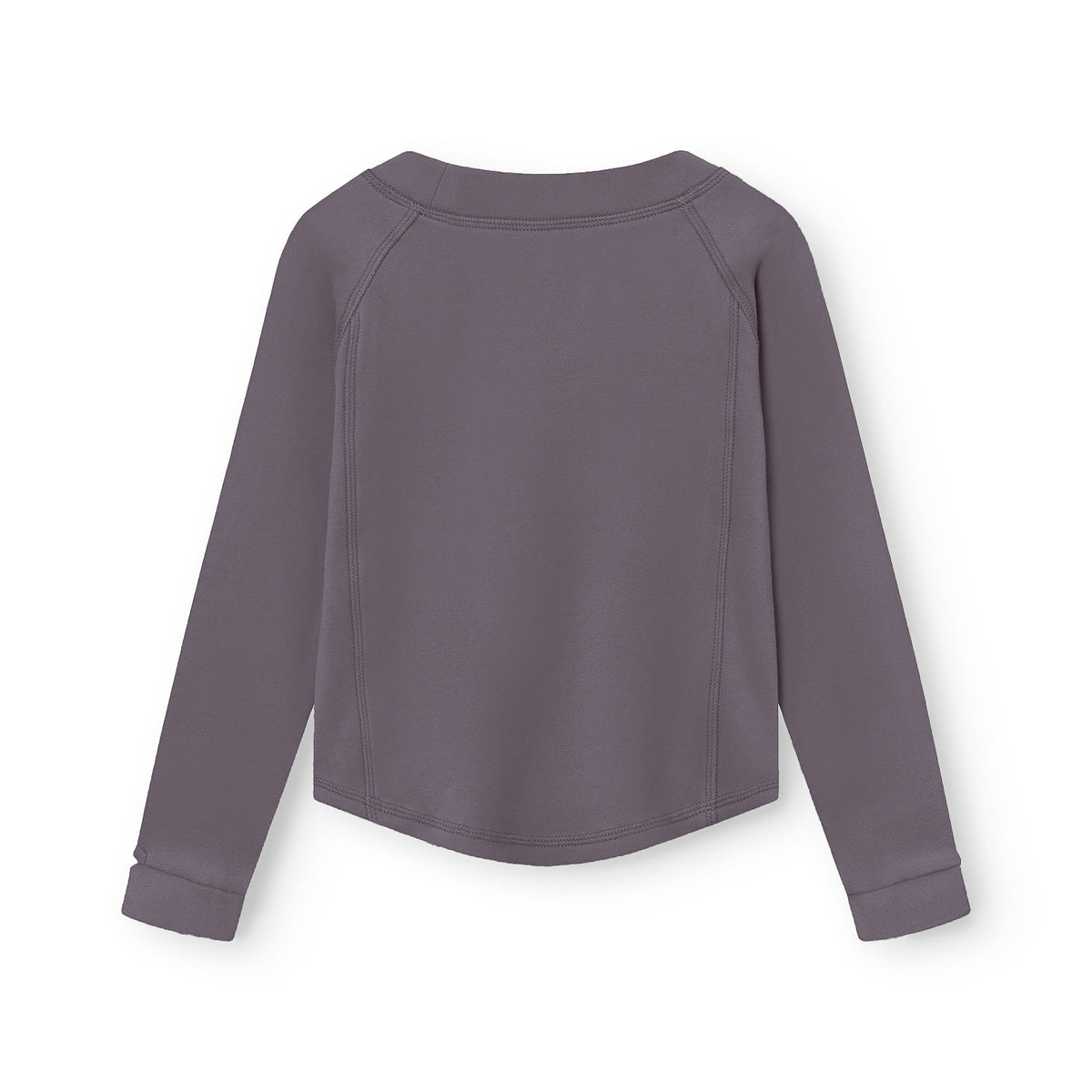 Rückansicht des MATLENIE Fleece-Langarmshirts in Grauviolett mit deutlich sichtbaren Raglan-Nähten, Rundhalsausschnitt und gerundeter Saumführung, flach auf weißem Hintergrund ausgelegt.