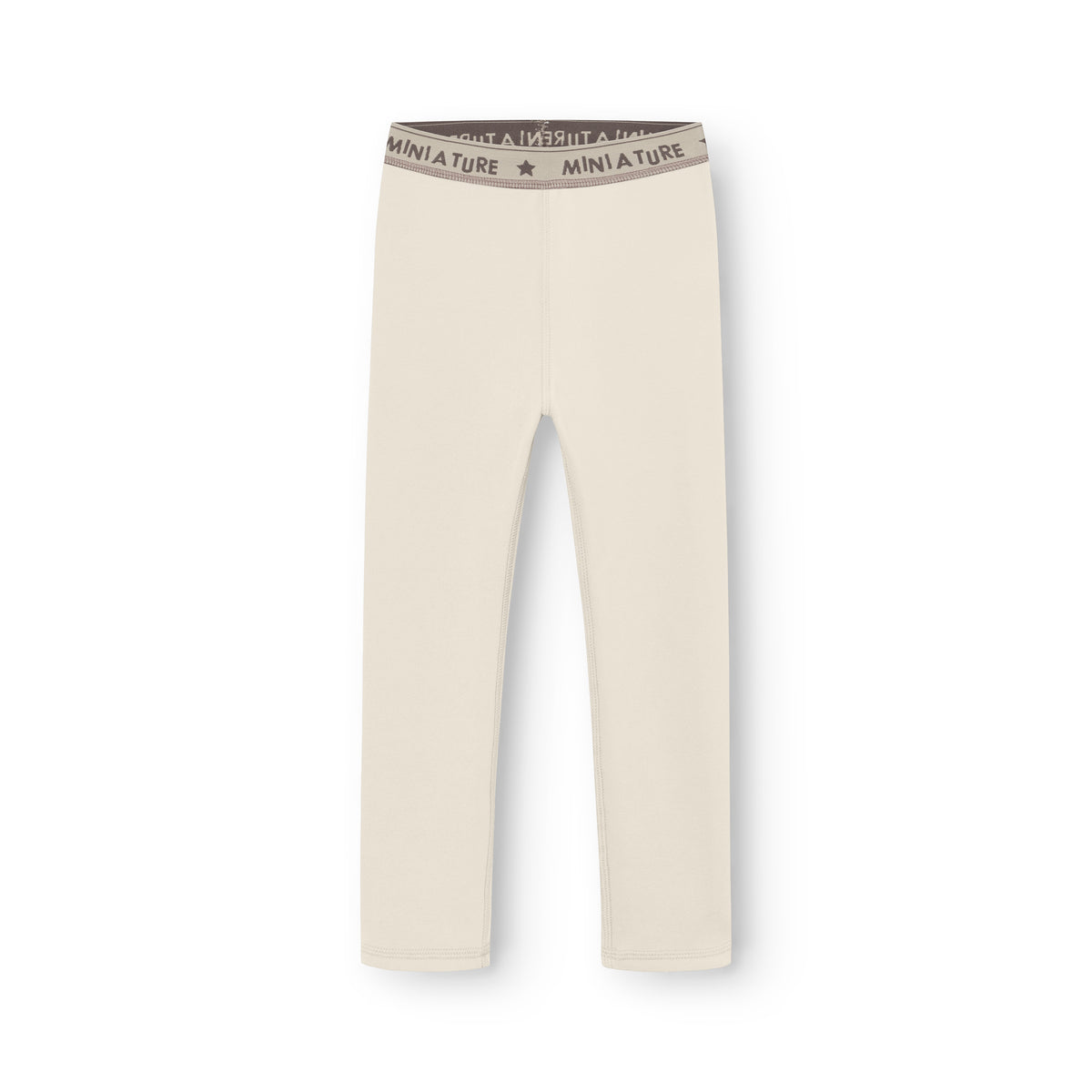 MATLEEMA Fleece-Leggings in Angora Cream, vollständig ausgelegt auf weißem Hintergrund, mit elastischem Bund mit Mini A Ture Logo und Stern sowie eng anliegenden Beinenden, zeigen die schmale Silhouette der leichten Kinder-Fleecehose.