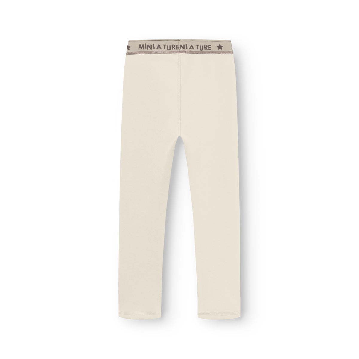 MATLEEMA Fleece-Leggings in Angora Cream, flach ausgelegt auf weißem Hintergrund, mit elastischem Bund mit Mini A Ture Logo und Sternen, zeigen die schmale, eng anliegende Silhouette der leichten Kinder-Fleecehose aus recyceltem Polyester.