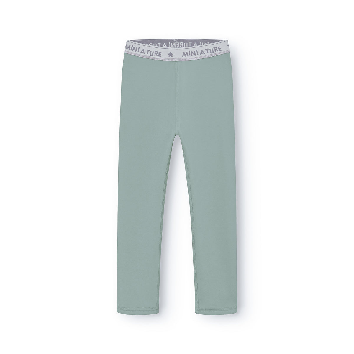 MATLEEMA Fleece-Leggings in Chinois Green, vollständig ausgelegt auf weißem Hintergrund, zeigen den elastischen Bund mit Mini A Ture Logo und Stern sowie die glatte, leichte Fleece-Oberfläche der Kinder-Leggings.