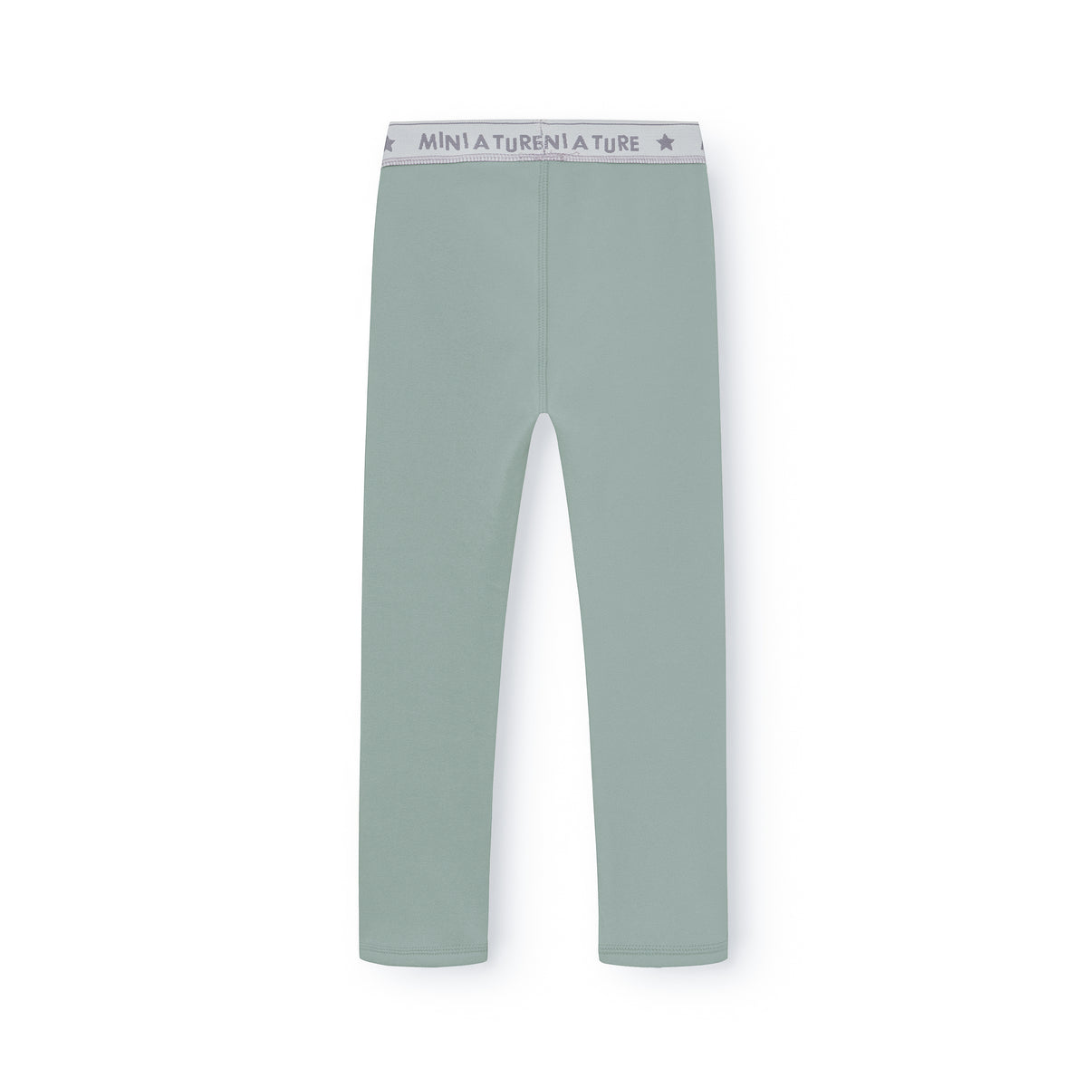 MATLEEMA Fleece-Leggings in Chinois Green, flach ausgelegt auf weißem Hintergrund, mit elastischem Bund mit Mini A Ture Logo und Sternen sowie eng anliegenden Beinenden, zeigen die schmale Silhouette der leichten Kinder-Fleecehose.