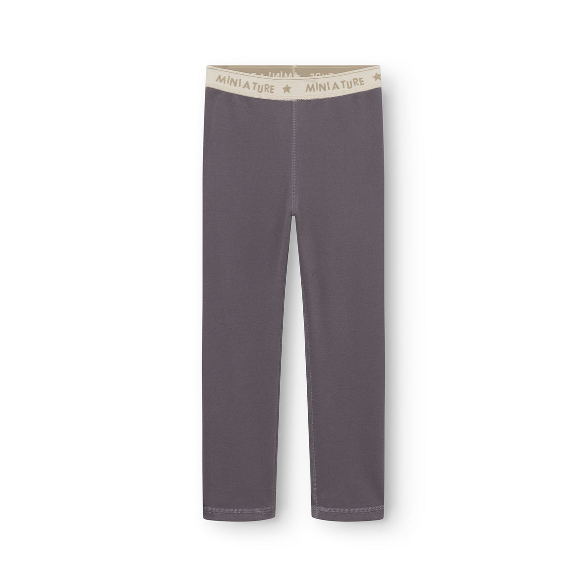 MATLEEMA Kinder-Leggings aus leichtem Fleece in Grau, flach ausgelegt auf weißem Hintergrund, zeigen den elastischen Bund mit Mini A Ture Logo und die glatte Fleece-Oberfläche.