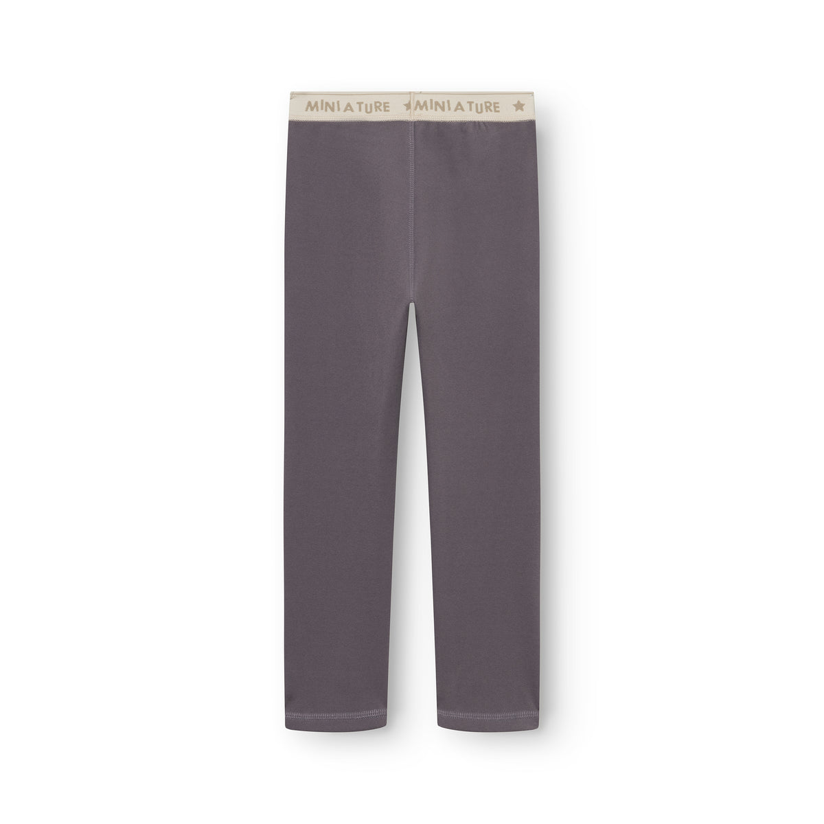MATLEEMA Fleece-Leggings in Grau mit beigem elastischem Bund und Mini A Ture Logo, vollständig ausgelegt auf weißem Hintergrund, zeigen die schmale Passform und die eng anliegenden Beinenden der leichten Kinder-Fleecehose.