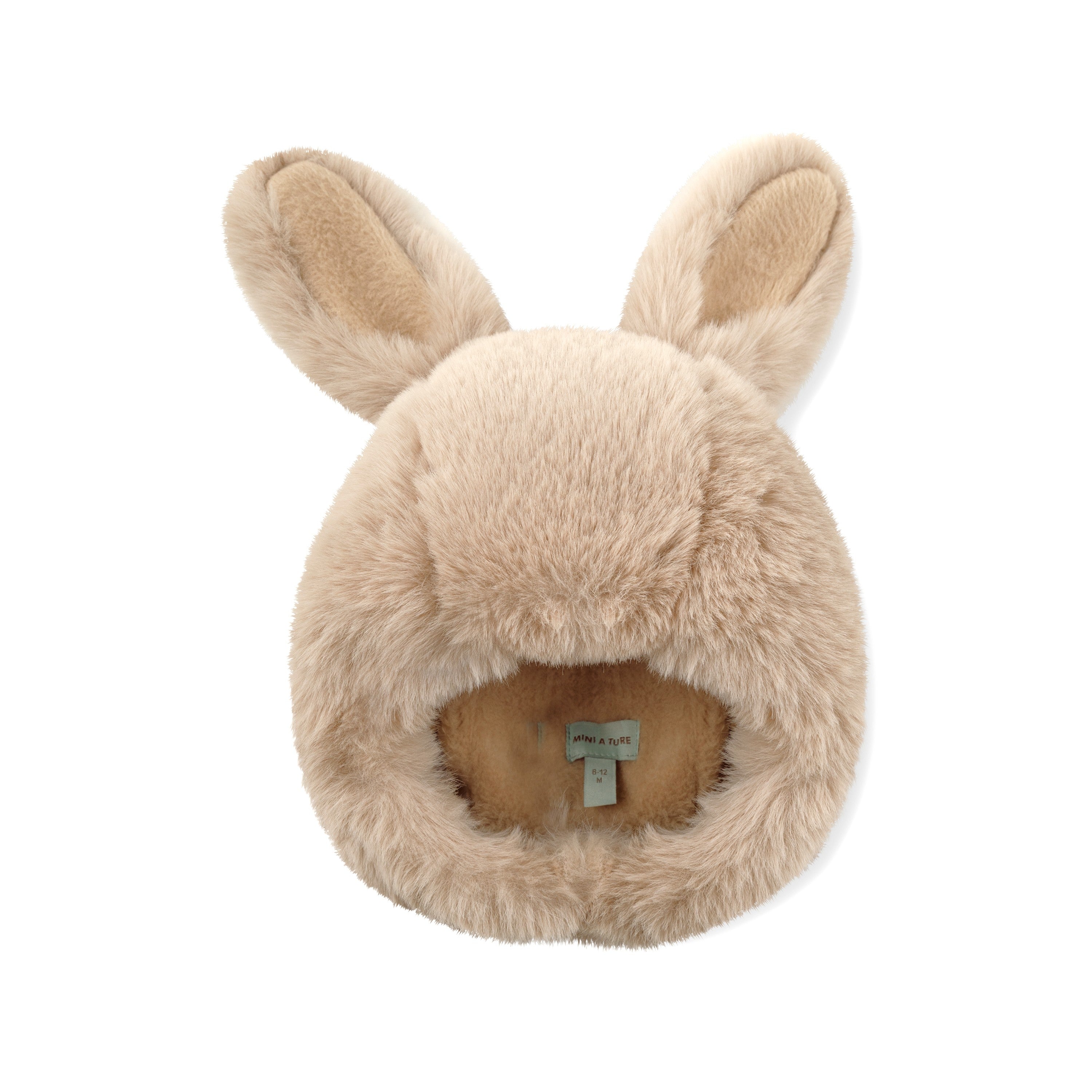 MATLIEN rabbit fleece lined winter hood in grey-brown with upright ears, shown flat to display the soft recycled polyester outer and full-coverage shape with button fastening.