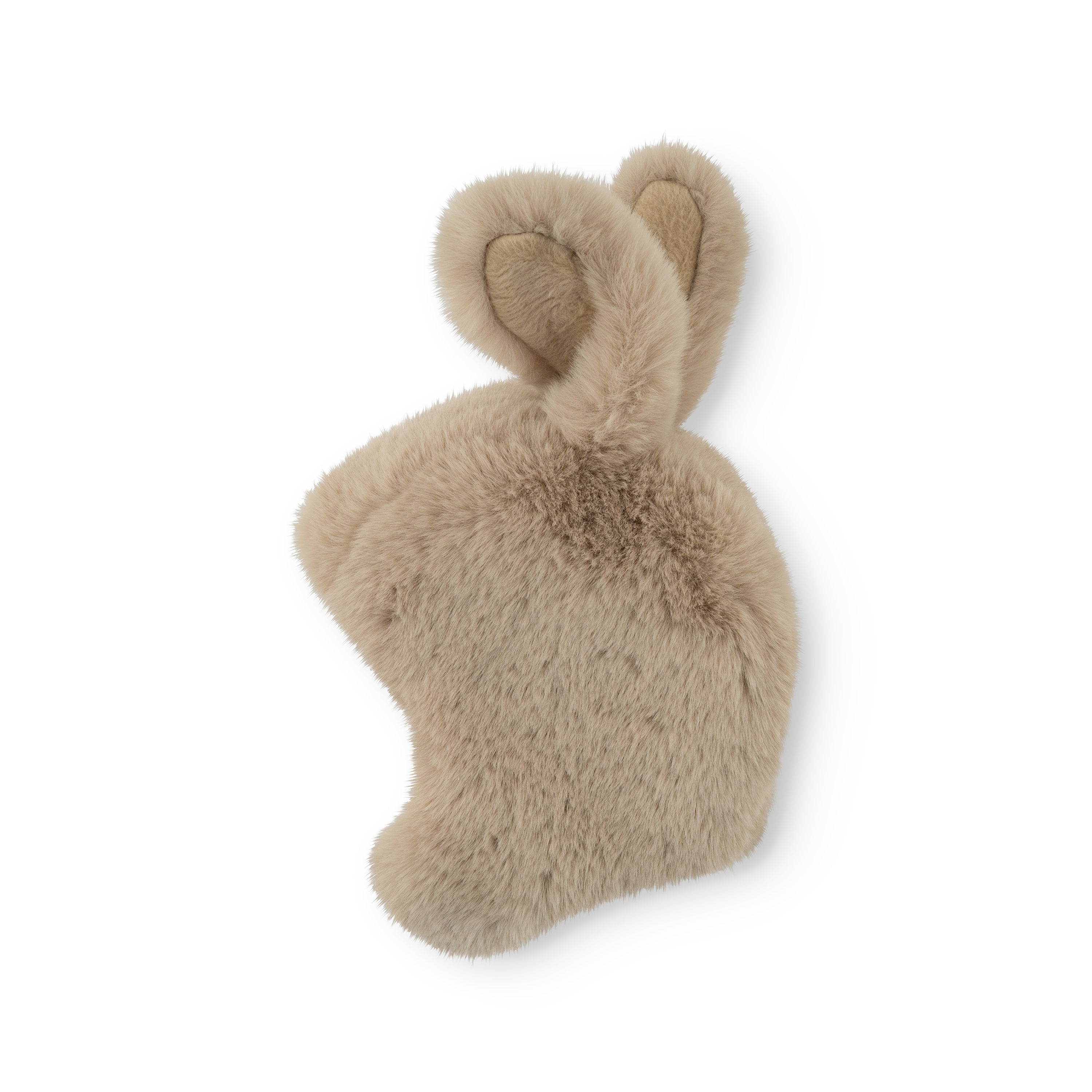 MATLIEN rabbit fleece lined winter hood shown from the back, revealing the button fastening under the chin and the fluffy recycled polyester texture that wraps around the neck and head.