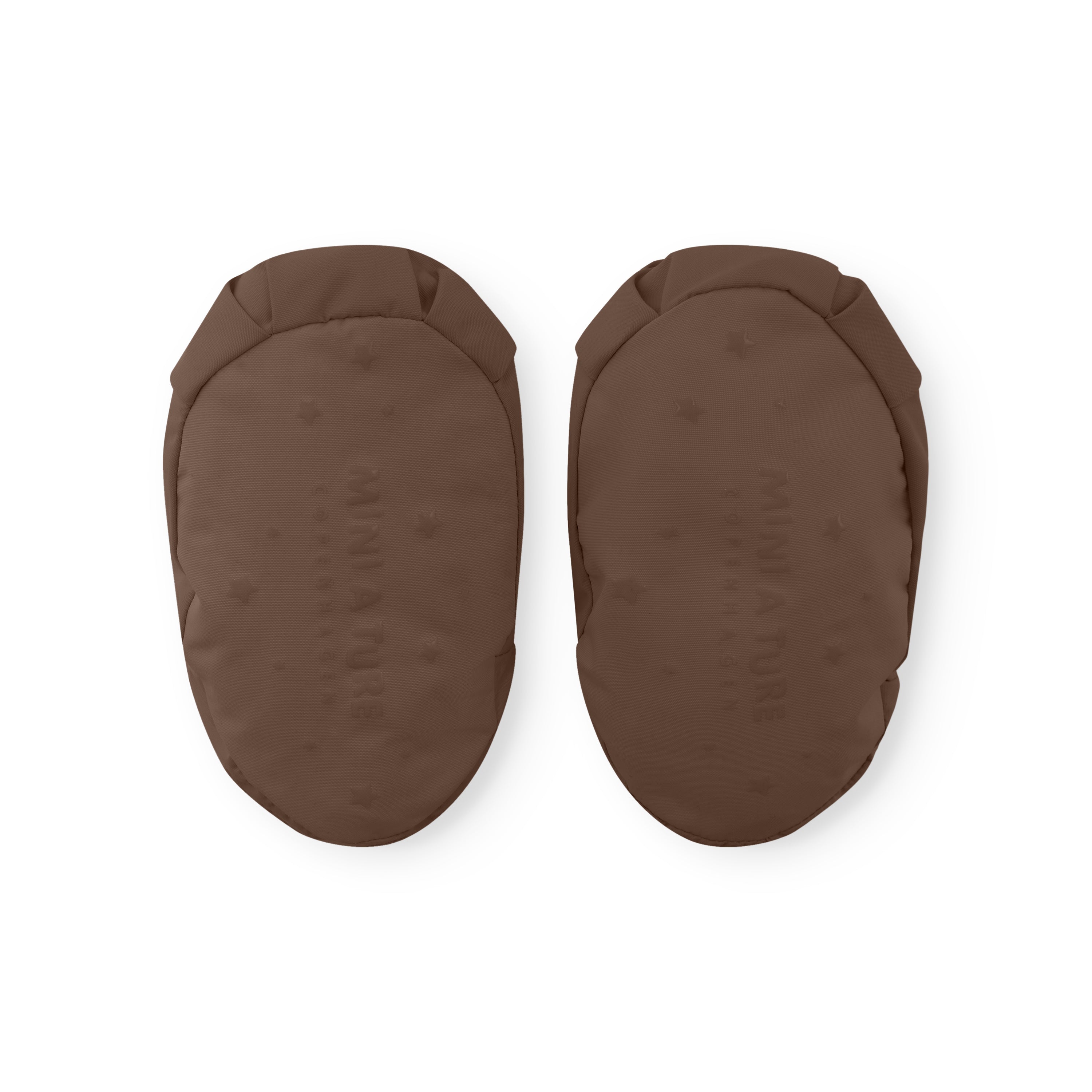 MATWINN fleece lined baby outdoor socks in cocoa brown photographed as a pair from directly above, showing the smooth waterproof recycled polyamide upper with subtle embossed branding and the elasticated ankle cuff for secure fit during pram journeys.
