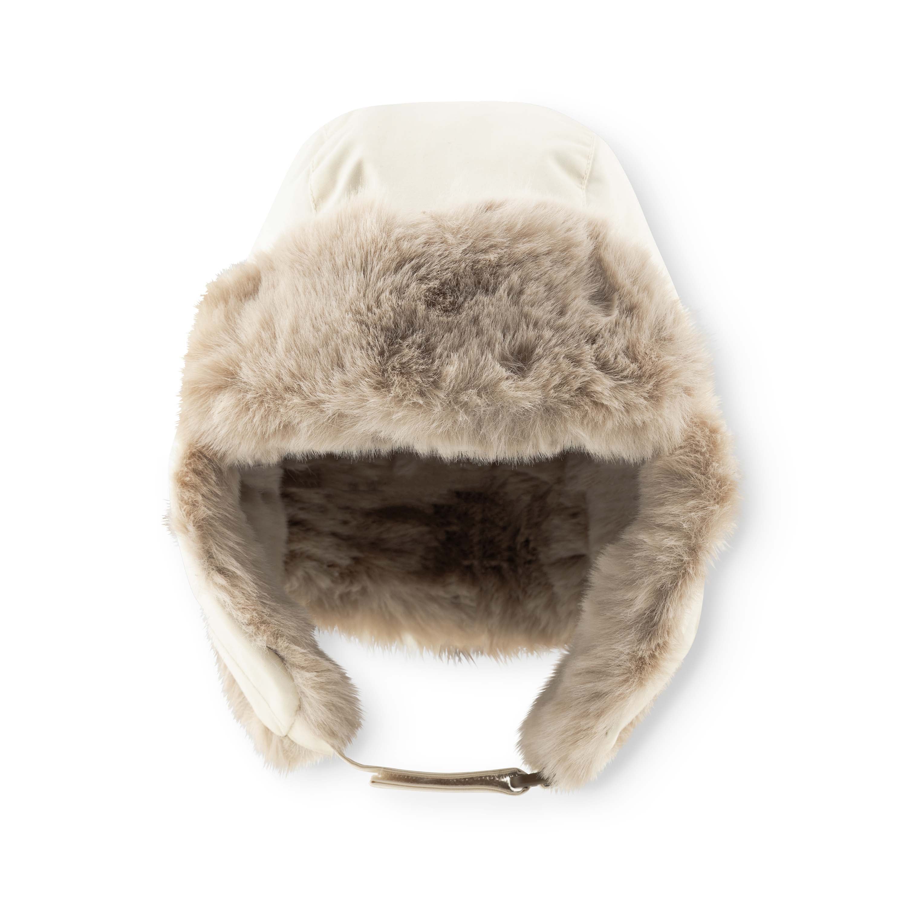 MATCRISTER winter hood in cream with taupe faux fur trim, photographed from above showing the interior fleece lining, ear flaps and metal clasp fastening.