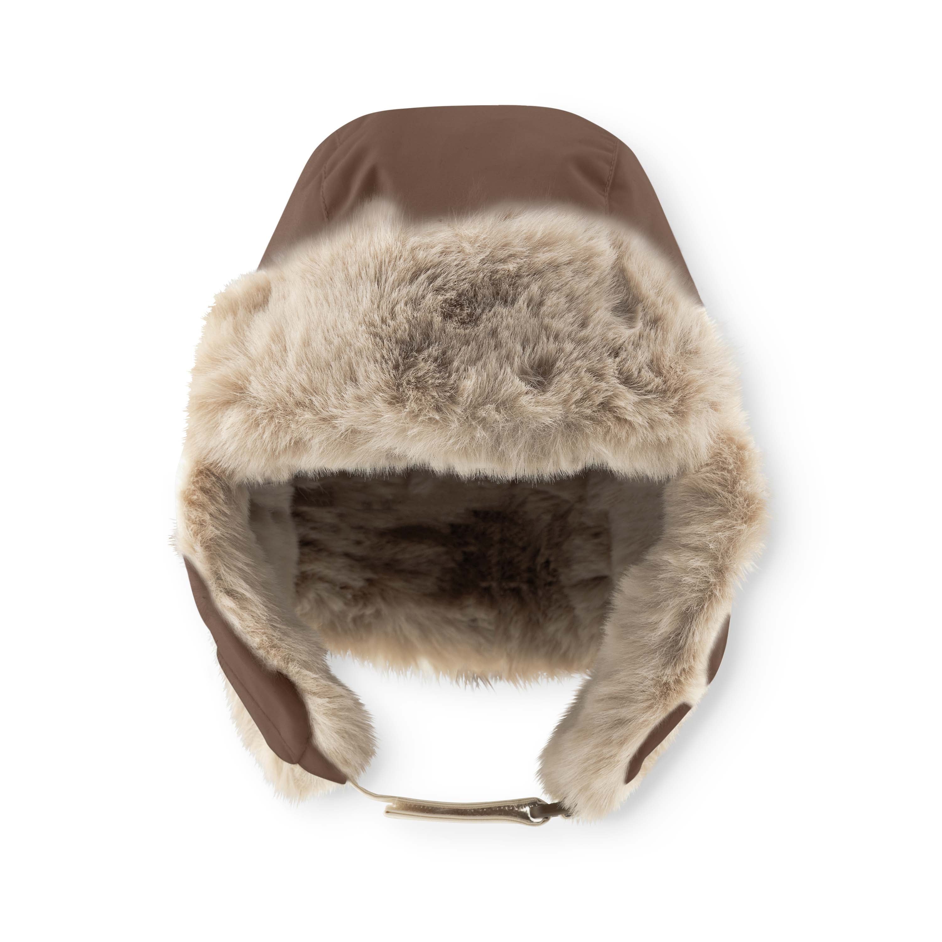 MATCRISTER children's winter hood in taupe with natural faux fur trim and ear flaps, photographed from above showing the waterproof recycled nylon crown and plush fleece interior lining.