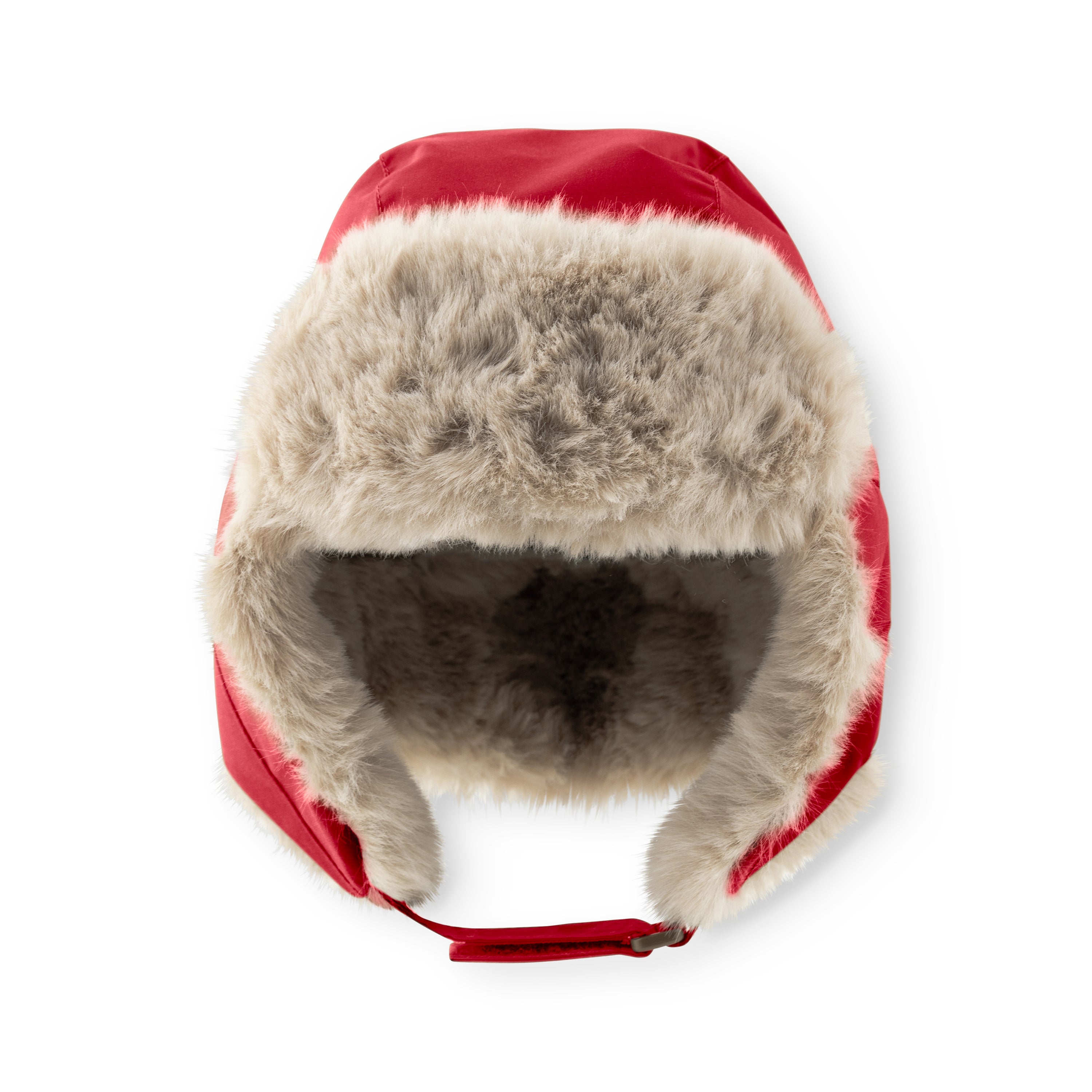 MATCRISTER waterproof trapper hat in deep red with natural faux fur lining and ear flaps, photographed from above showing the plush fleece interior and velcro chin strap against a white background.