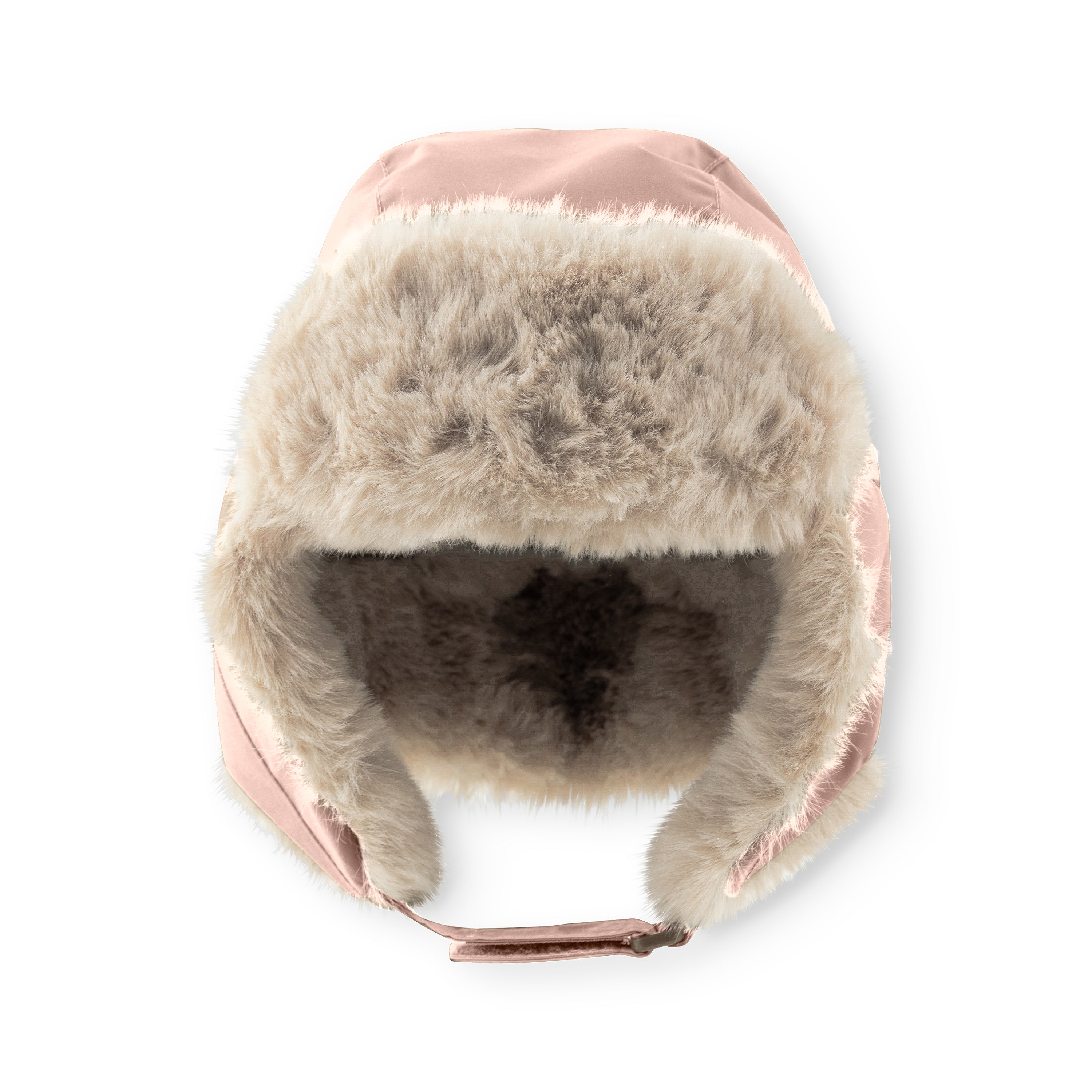 MATCRISTER children's trapper hat in dusty pink with dense faux fur lining and ear flaps, photographed from above showing the waterproof crown and plush interior with chin strap extended.