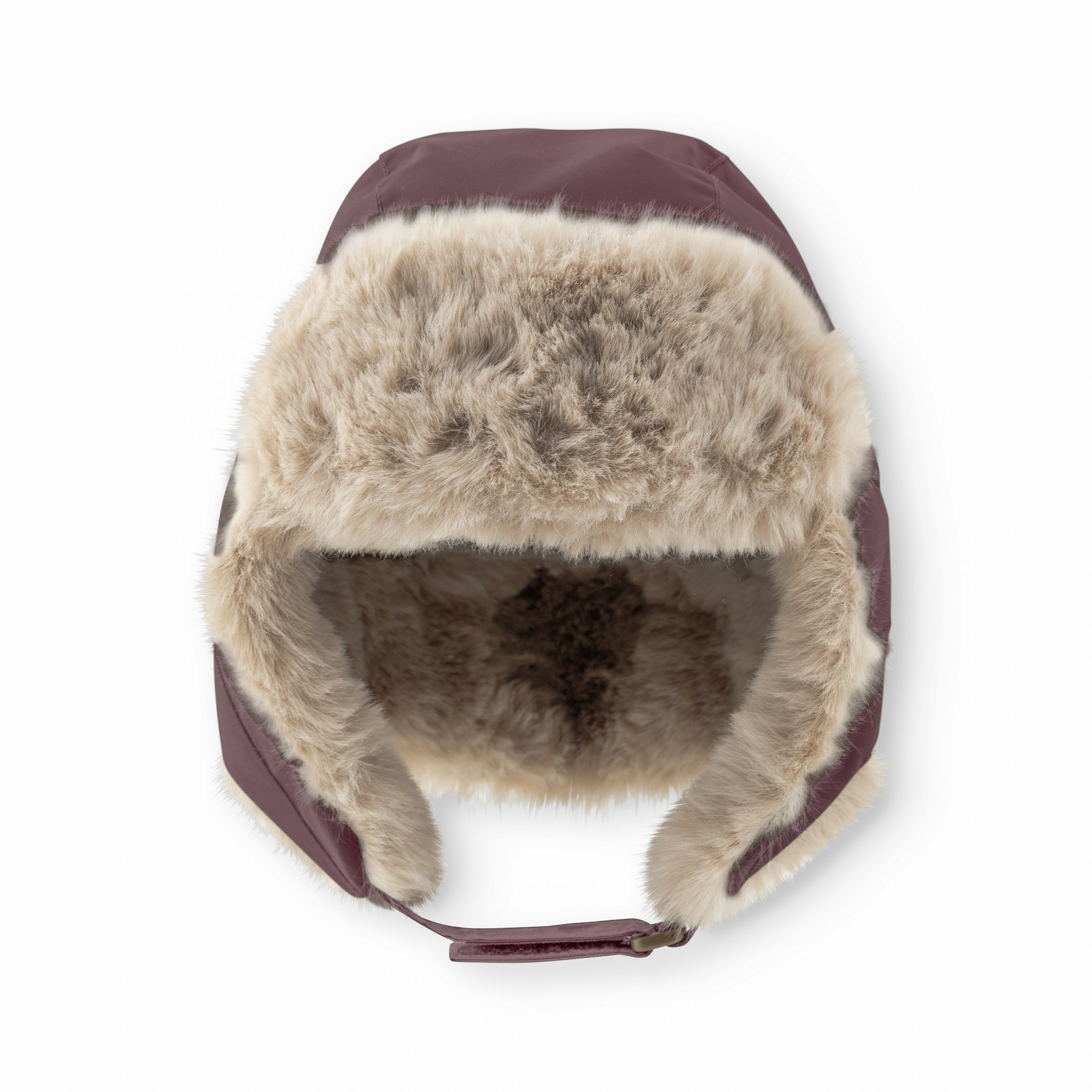 MATCRISTER waterproof trapper hat with beige fleece lining and fold-down ear flaps, shown flat against a white background with velcro chin strap visible.