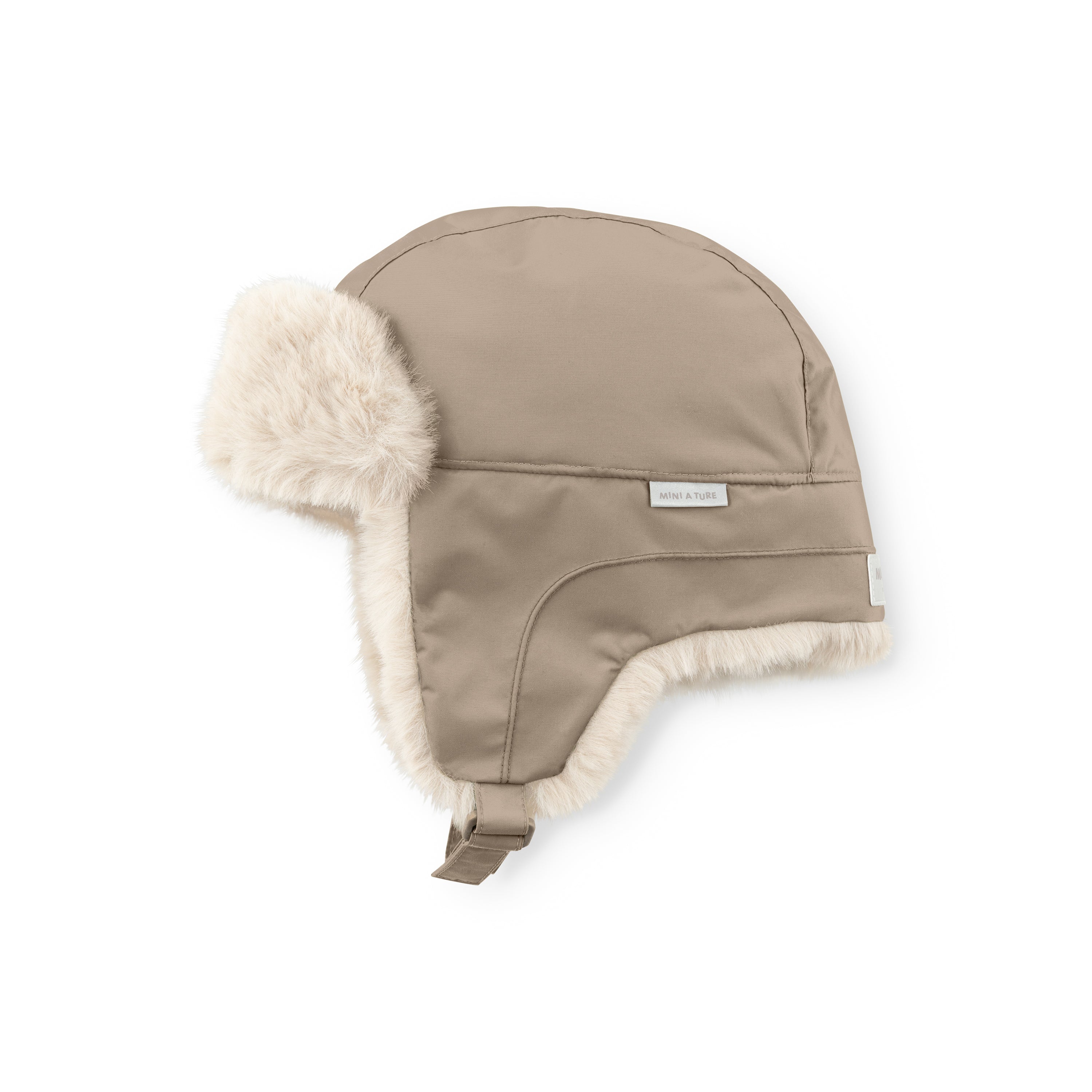 MATCRISTER teddy lined winter hood in neutral taupe with plush cream fleece ear flaps and lining, laid flat showing the waterproof recycled nylon crown, adjustable chin strap and MINI A TURE woven label on a white background.