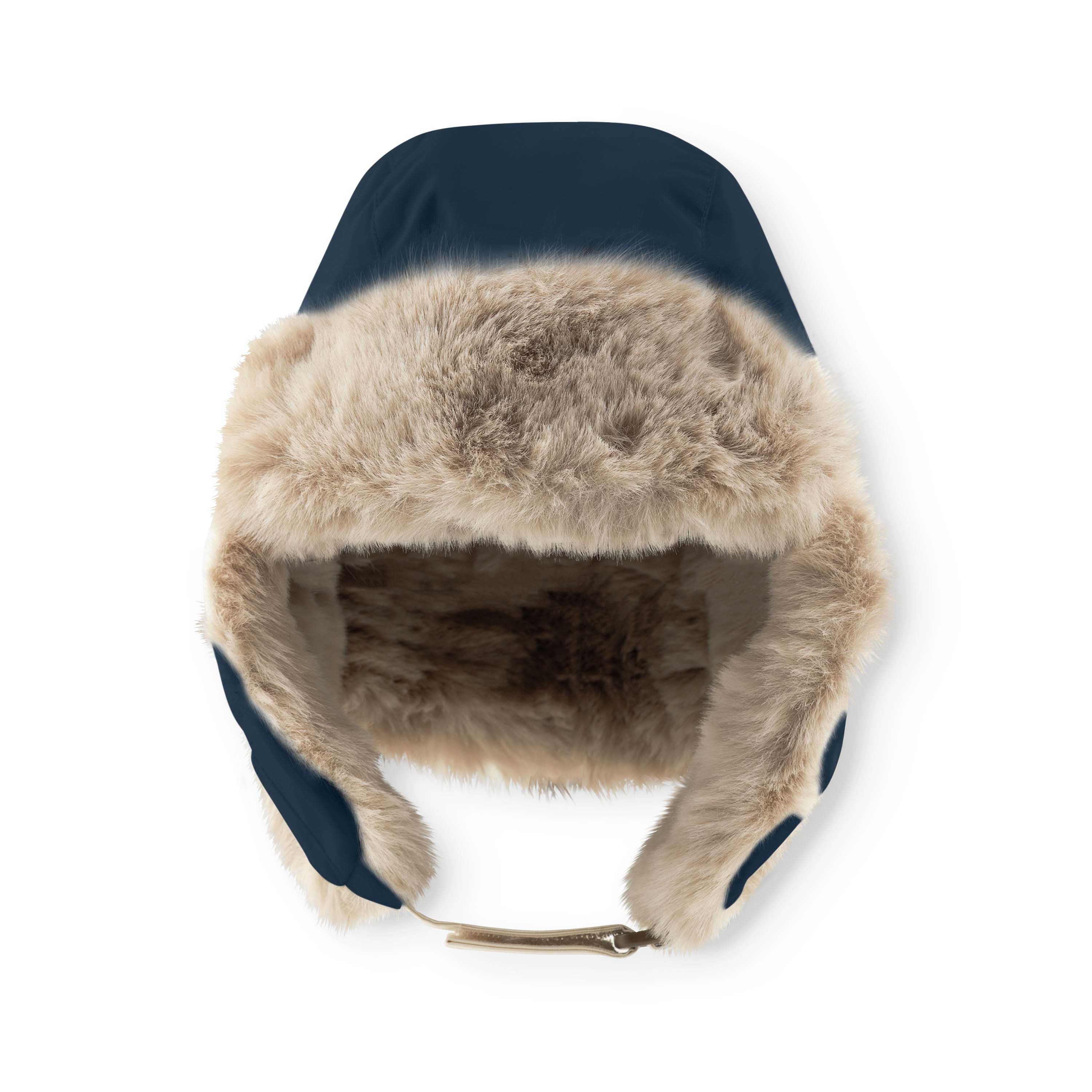 MATCRISTER waterproof winter hood in navy blue with beige faux fur lining, photographed from above showing the full interior fleece, ear flaps and metal chin strap fastening against a white background.
