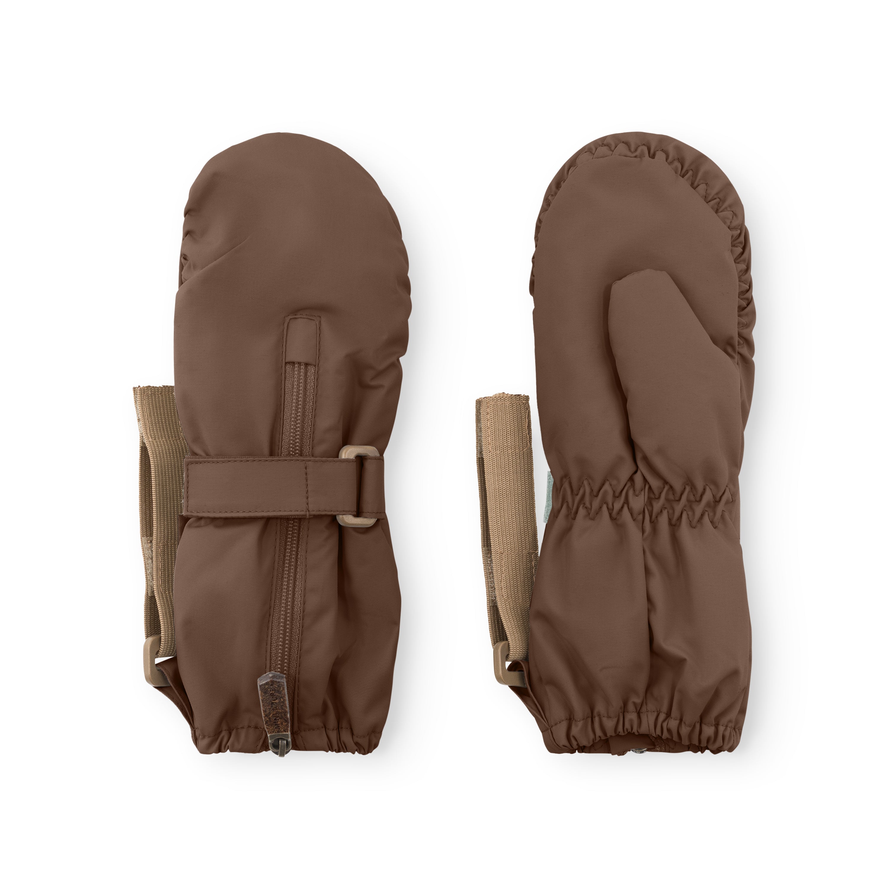 MATCESAR waterproof mittens in warm brown shown from front and back, displaying the full-length zip with metal pull, elastic gathered cuffs, beige webbing strap with velcro fastening and D-ring, and the smooth recycled polyamide shell against a white background.