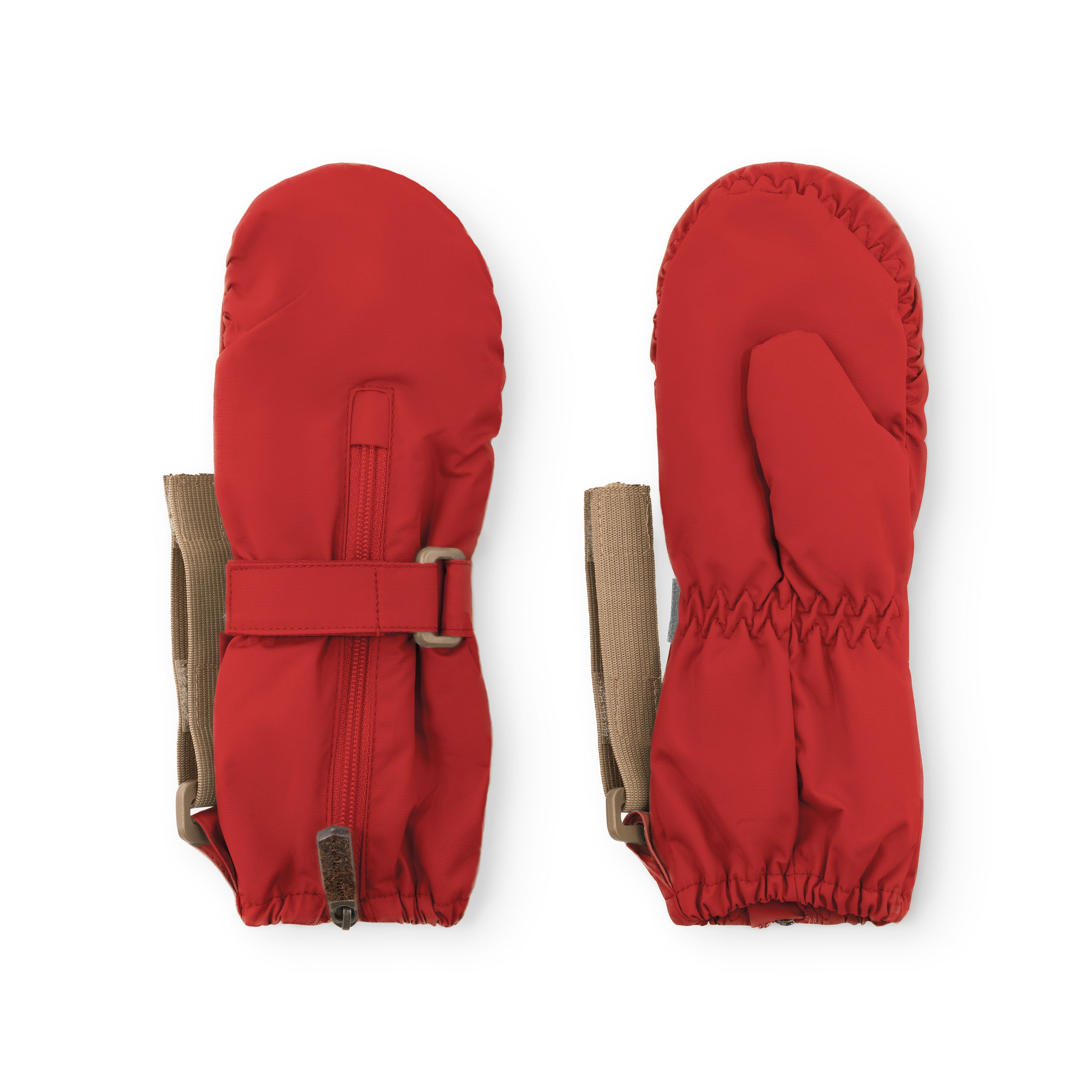 MATCESAR waterproof mittens in bright red shown from front and back, displaying the full-length zip with metal pull, elastic gathered cuffs, beige webbing strap with D-ring and velcro fastening, and the smooth recycled polyamide outer construction against a white background.