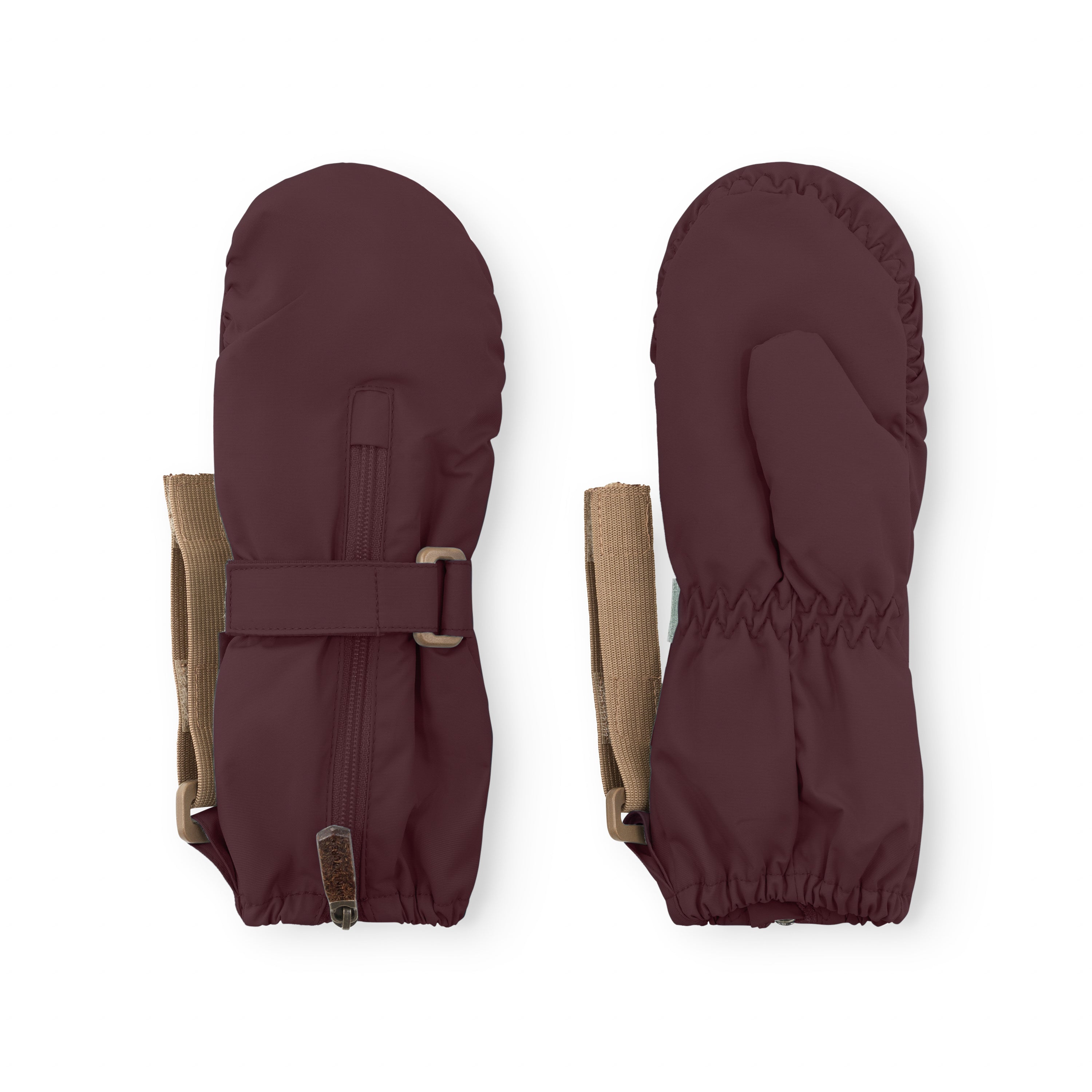 MATCESAR waterproof fleece-lined mittens in deep plum with full-length front zip, elastic cuffs and beige wrist strap with D-ring attachment, shown flat against a white background.