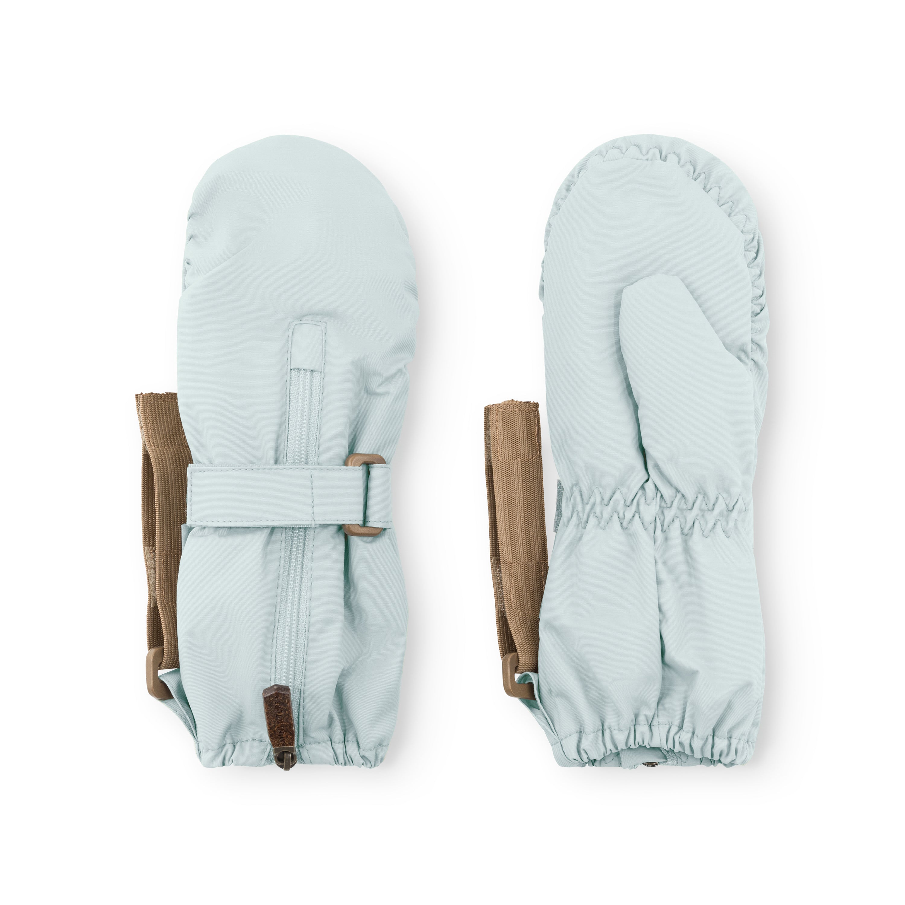 MATCESAR waterproof mittens in pale blue shown from front and back, displaying the full-length zip with metal pull tab, elastic gathered cuffs, beige webbing strap with velcro fastening and D-ring, and the smooth recycled polyamide shell against a white background.