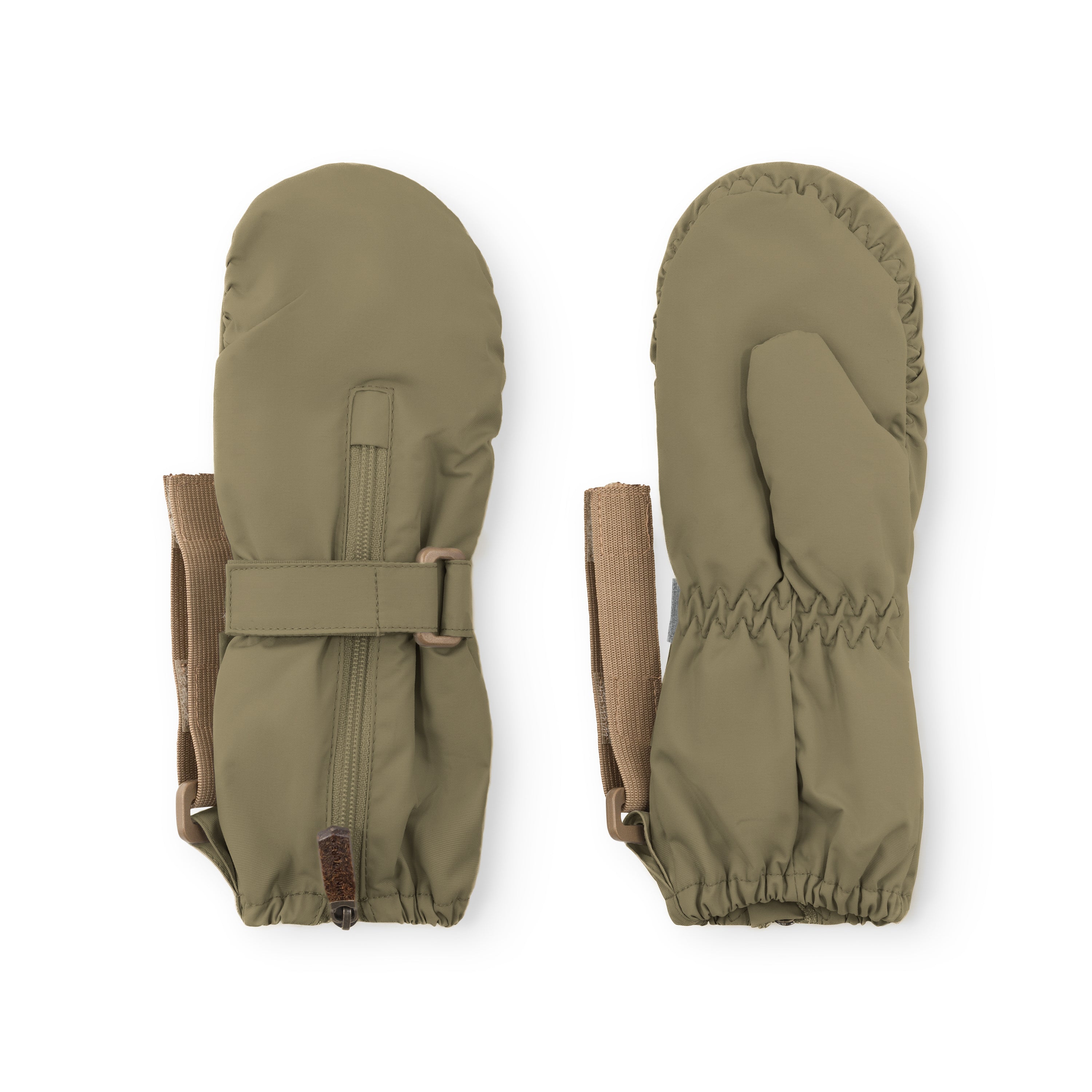 MATCESAR waterproof mittens in olive green shown from front and back, featuring full-length zip closure, elastic gathered cuffs, beige webbing strap with D-ring and velcro fastening, displayed flat against a white background.
