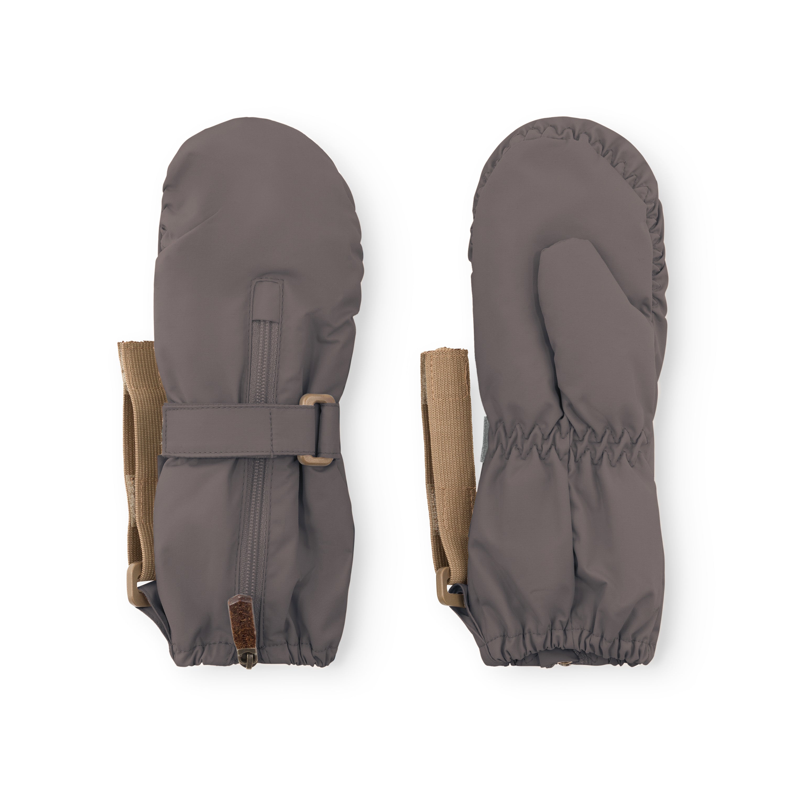 MATCESAR waterproof mittens in charcoal grey shown from front and back, featuring the full-length zip with metal pull and velcro tab, elastic gathered cuffs, beige webbing strap with D-ring and velcro fastening, and the smooth recycled polyamide shell against a white background.