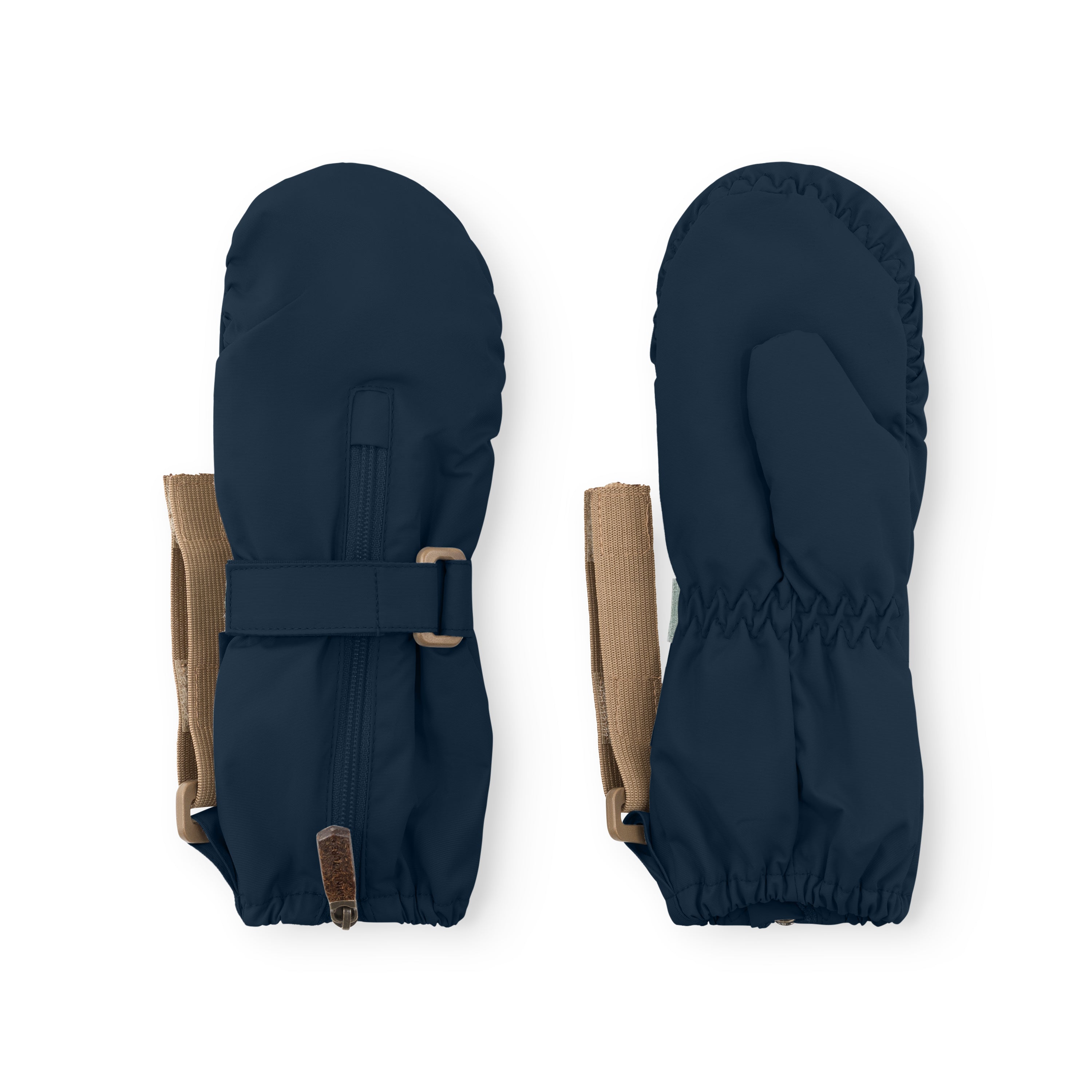 MATCESAR waterproof mittens in deep navy shown from front and back, with the full-length zip closed and secured by a velcro tab, elastic gathered cuffs and top edge, beige webbing strap with metal D-ring threaded through the wrist loop, and the smooth recycled polyamide outer against a white background.