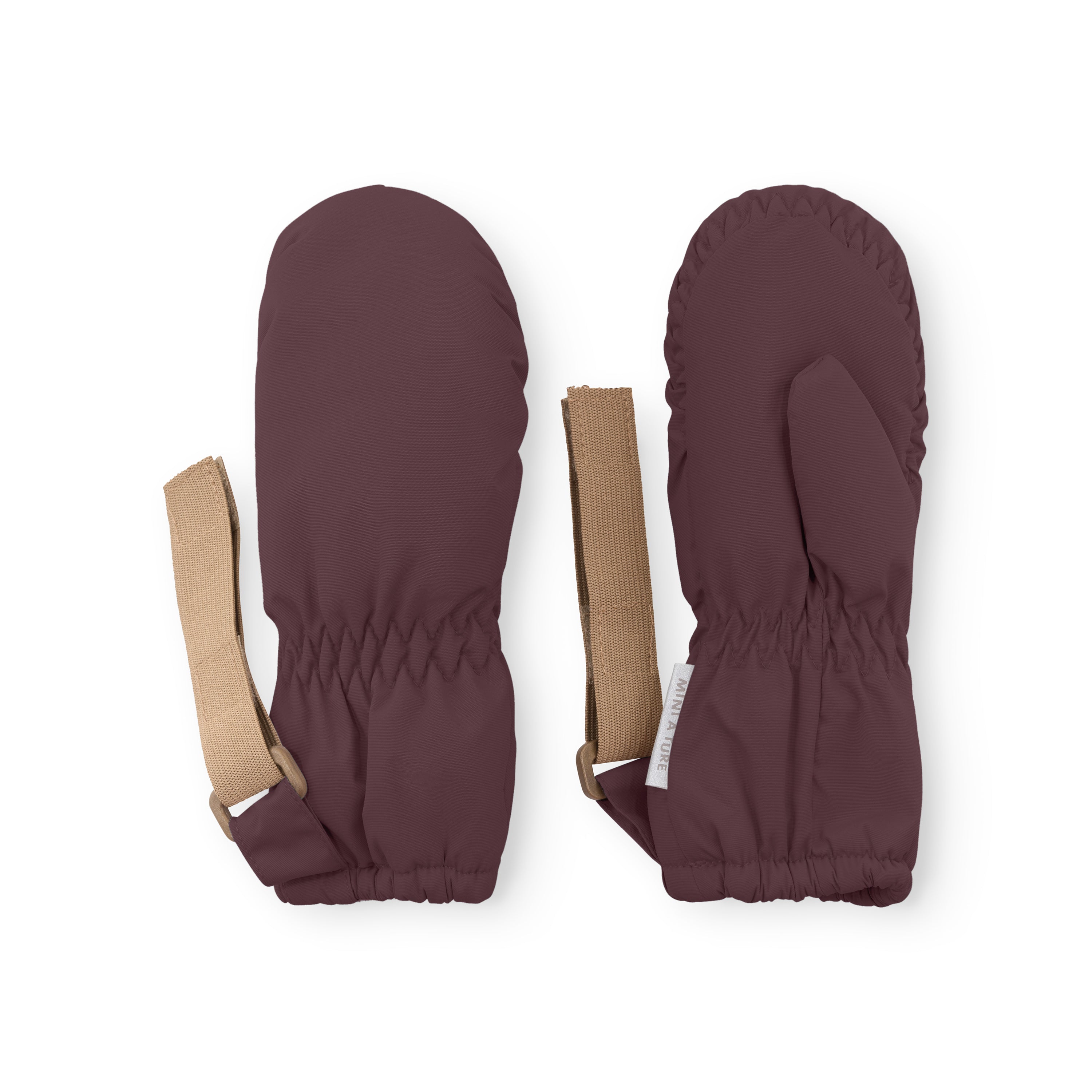 MATCORDT fleece lined mittens in deep plum displayed flat on a white background, showing the elastic gathered cuffs, extended beige velcro attachment straps and the smooth waterproof recycled polyamide outer shell from both palm and back perspectives.