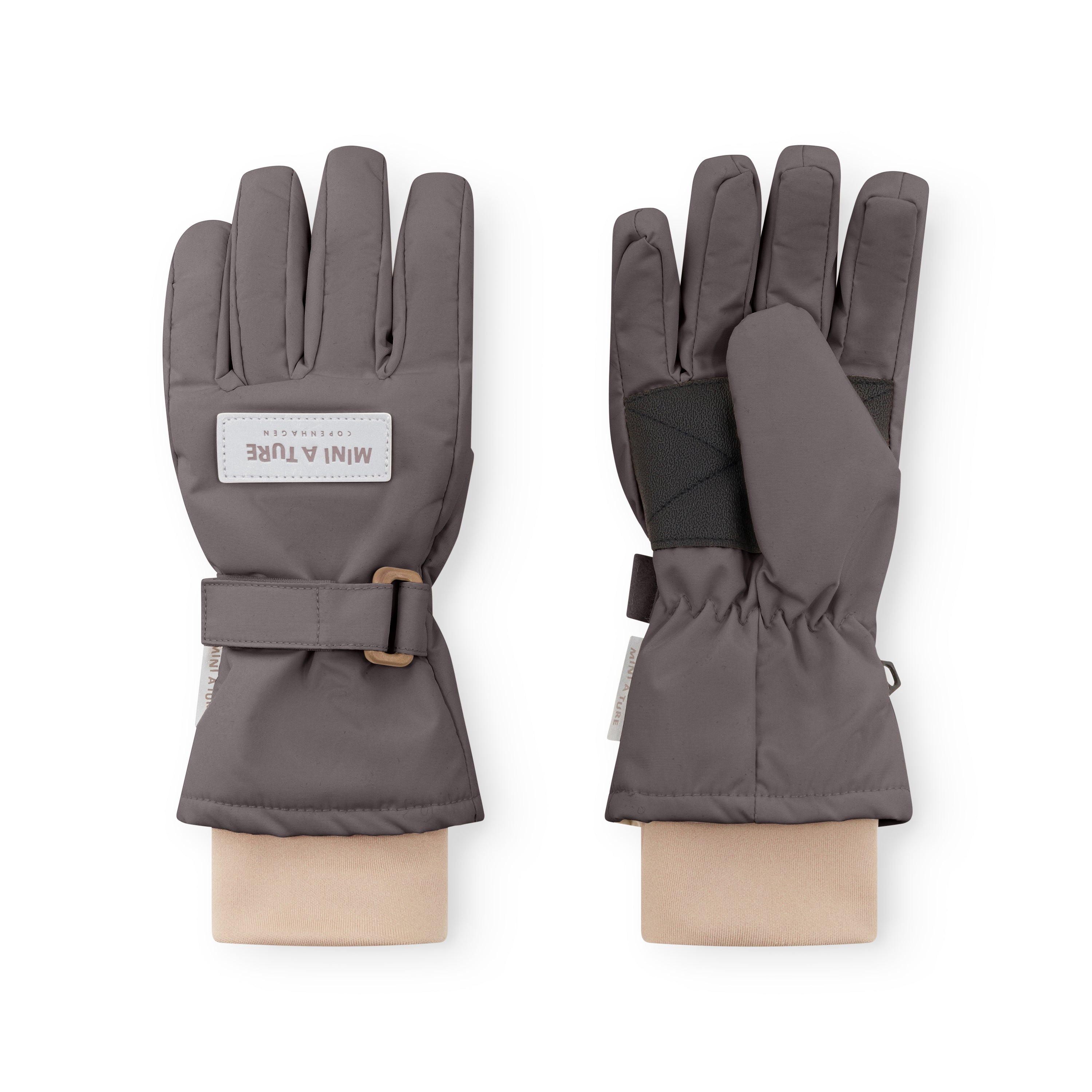 MATCELIO waterproof winter gloves in grey with extended elasticated cuff, buckle wrist strap and THERMOLITE padding, displayed flat against a white background.