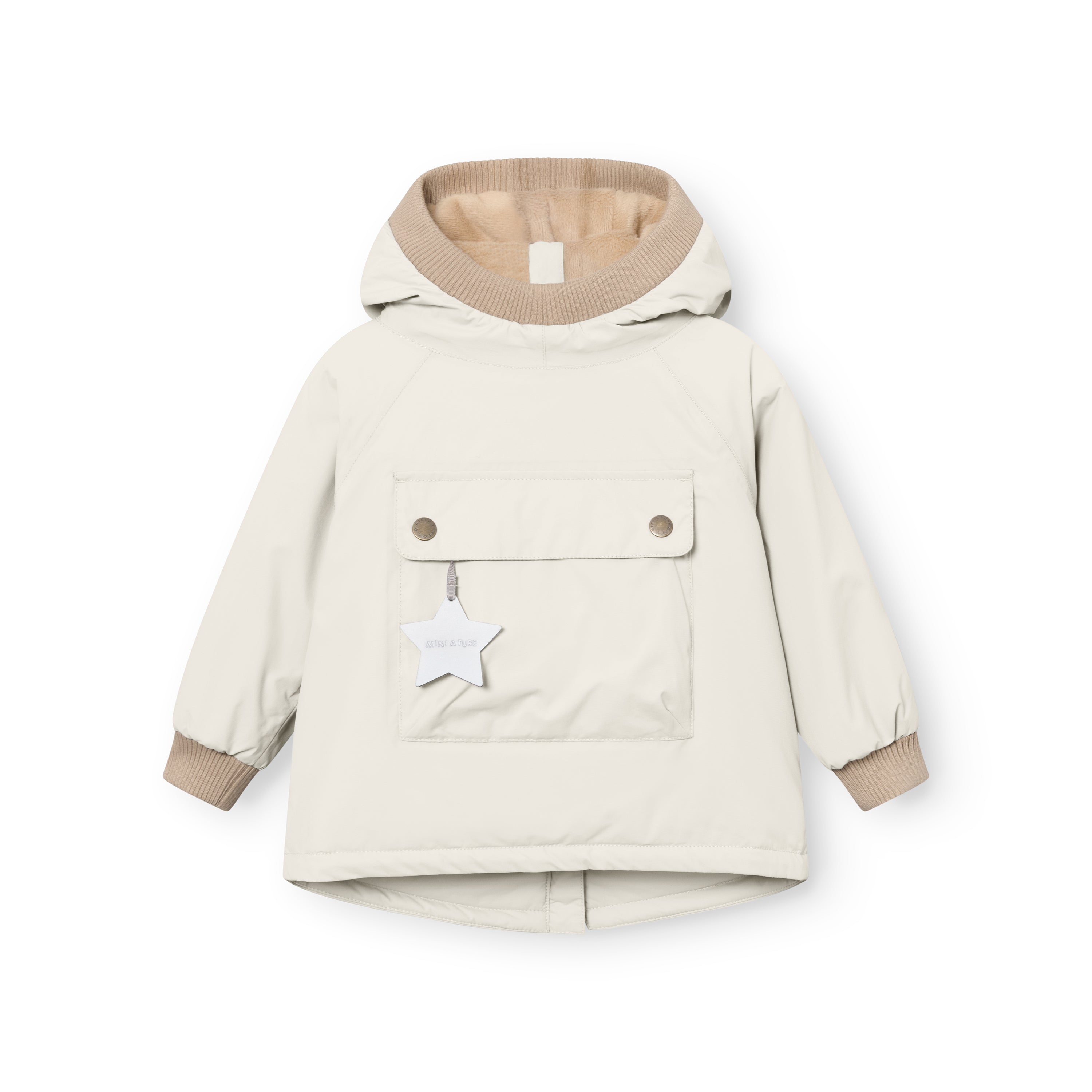 MATBABYWEN waterproof winter anorak in cream with beige ribbed hood and cuffs, showing the full-length back zip construction and snap-button front pocket with reflective star tag.