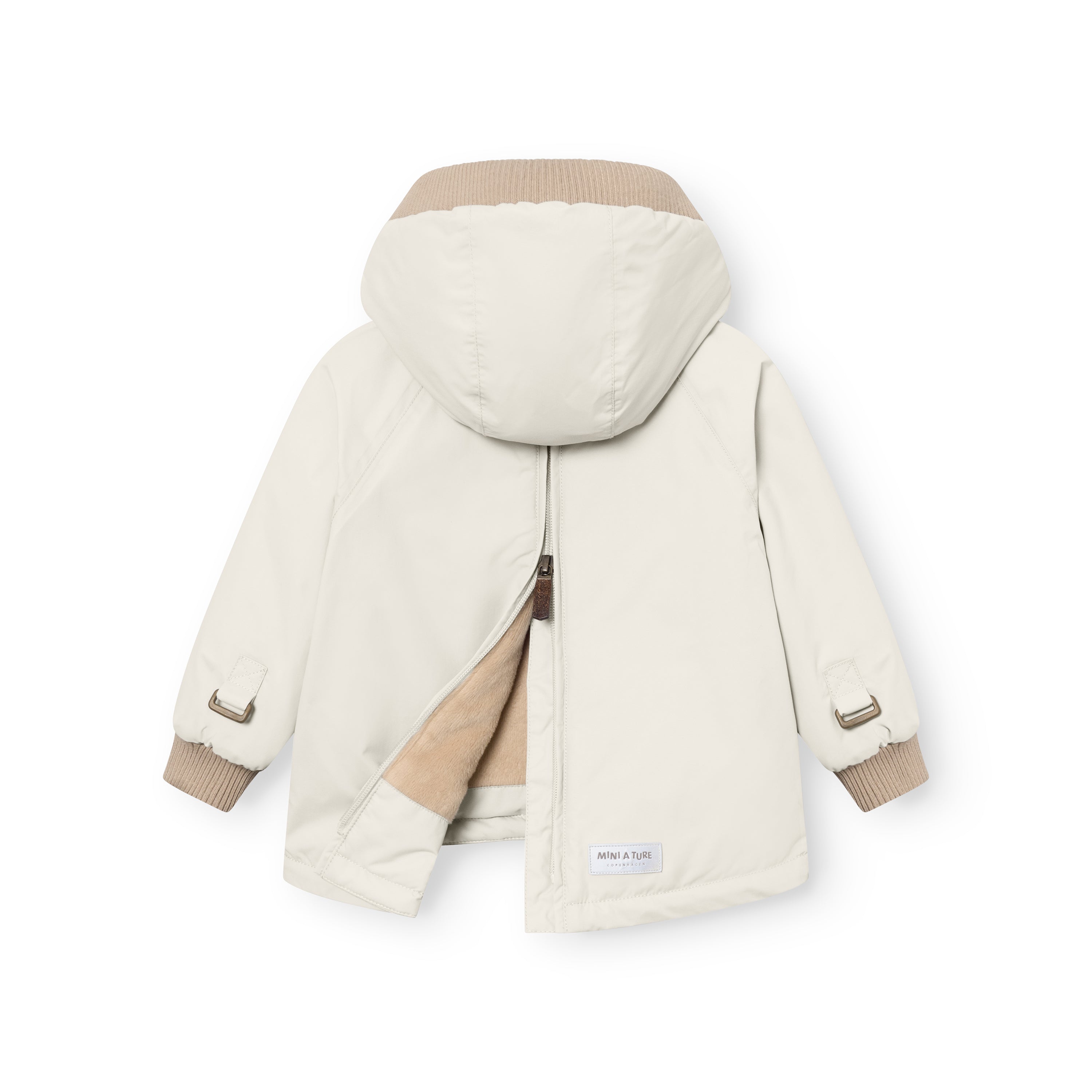 MATBABYWEN winter anorak in cream shown from the back with the full-length zip partially open to reveal the soft fleece lining in beige, with beige ribbed hood trim and cuffs, and a MINI A TURE label at the lower hem.