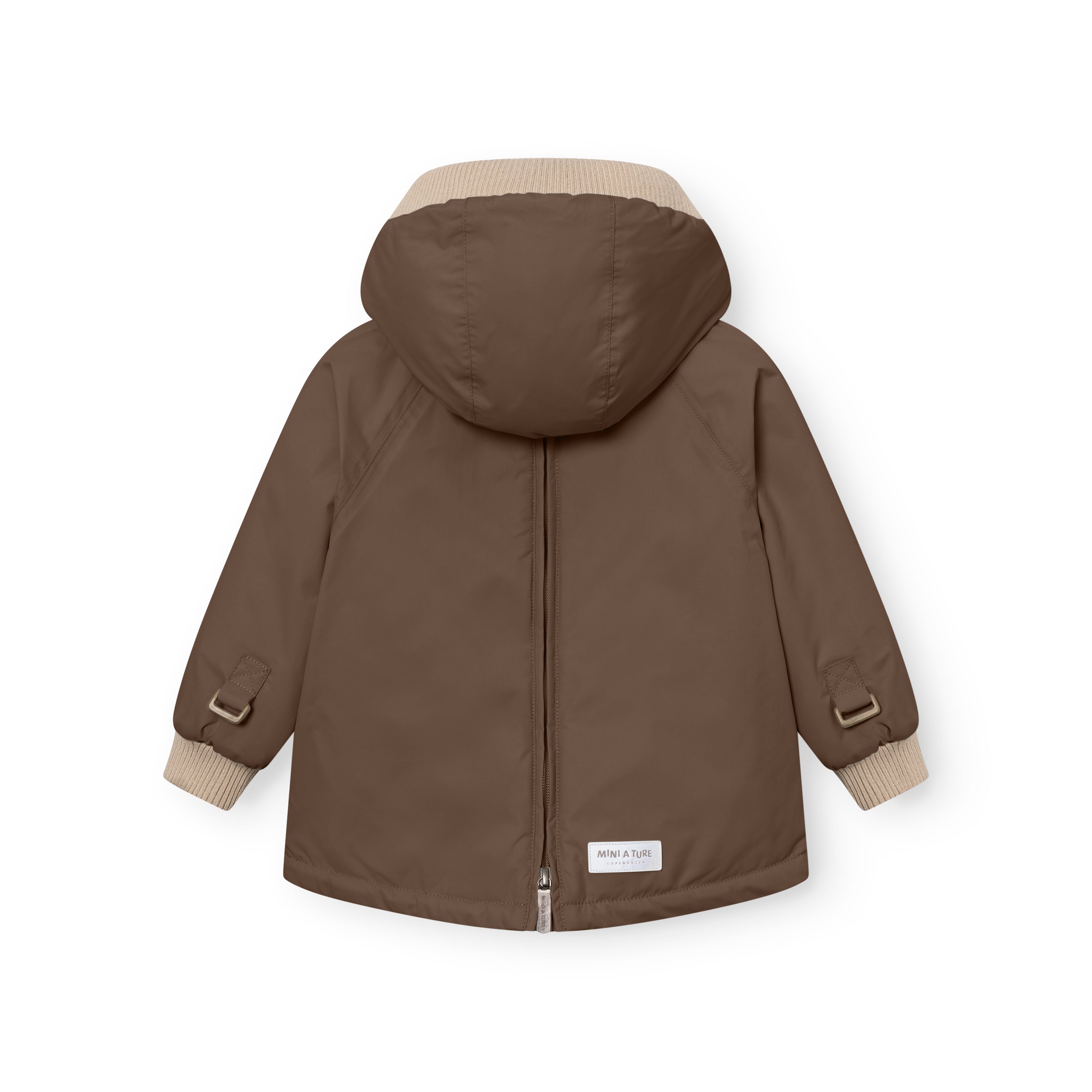 MATBABYWEN anorak in brown shown from the back with the full-length zip fully closed, displaying the beige ribbed hood and cuffs, raglan sleeves with adjustable tabs at the wrists, and a white MINI A TURE label at the lower back hem.