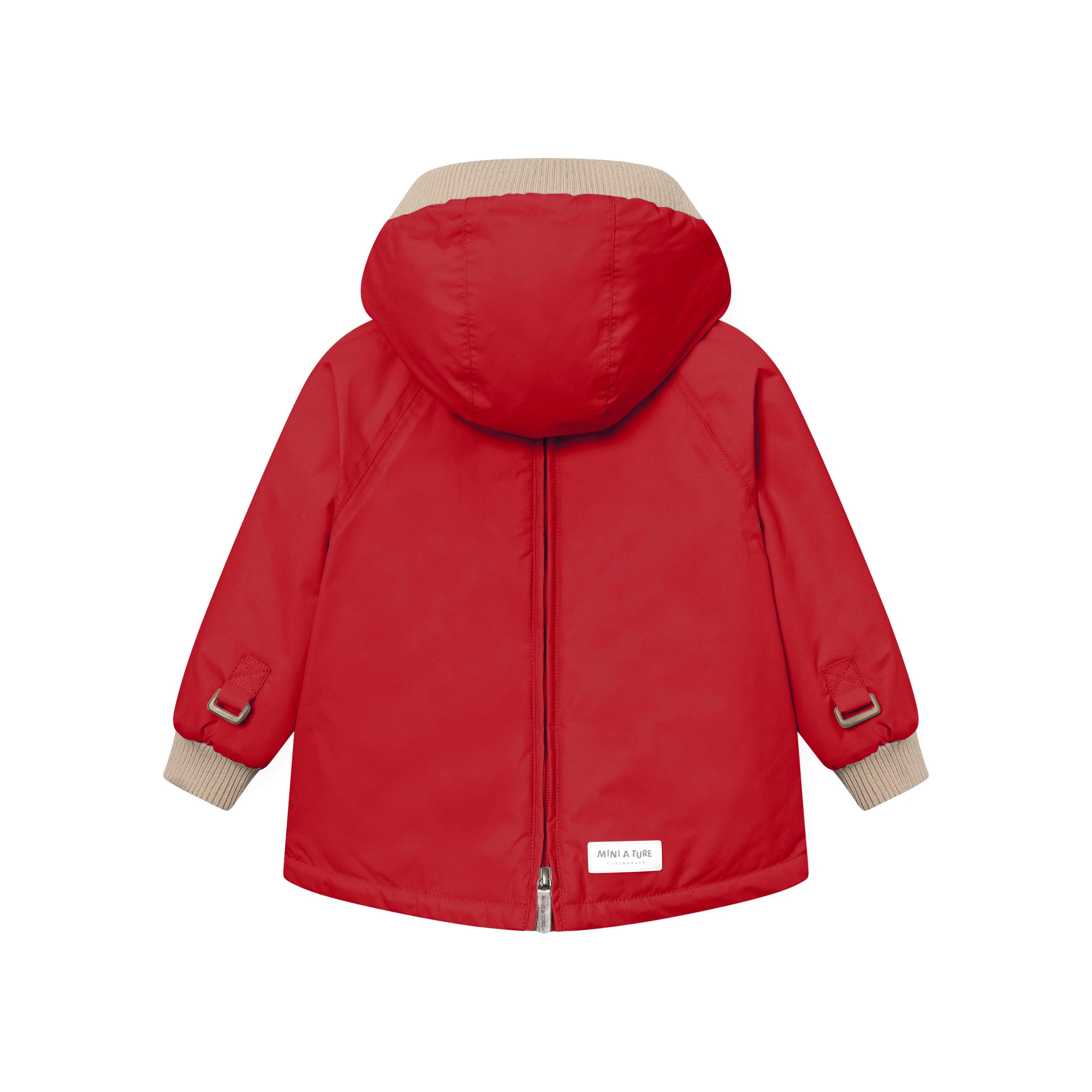 MATBABYWEN anorak in red shown from the back with the full-length zip fully closed, displaying the beige ribbed hood and cuffs, raglan sleeves with adjustable tabs at the wrists, and a white MINI A TURE label at the lower back hem.