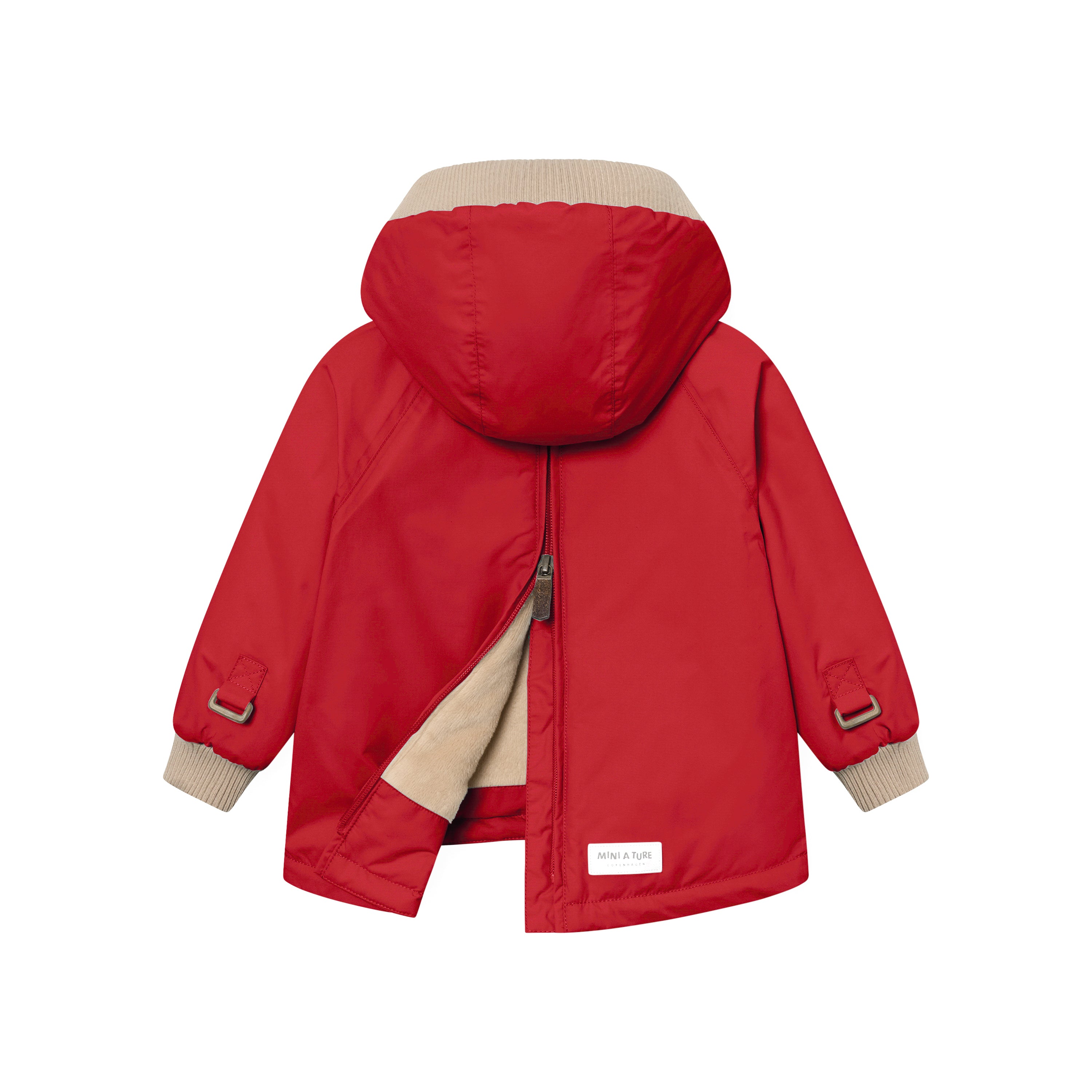 MATBABYWEN anorak in red shown from the back with the full-length zip partially open, revealing the beige fleece lining and demonstrating how the coat opens flat for easier dressing, with adjustable sleeve tabs and beige ribbed hood and cuffs visible.