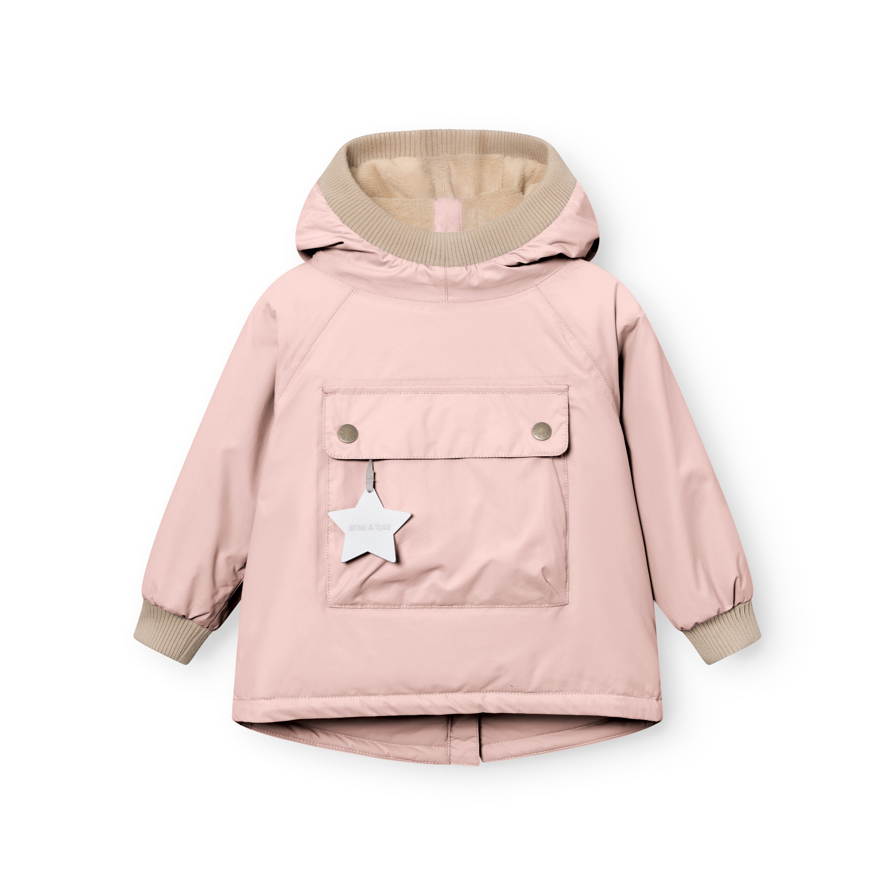 MATBABYWEN winter anorak in soft pink laid flat from the front, showing the snap-button pocket with white reflective star tag, beige ribbed hood and cuffs, and the A-line hem with a small back vent.