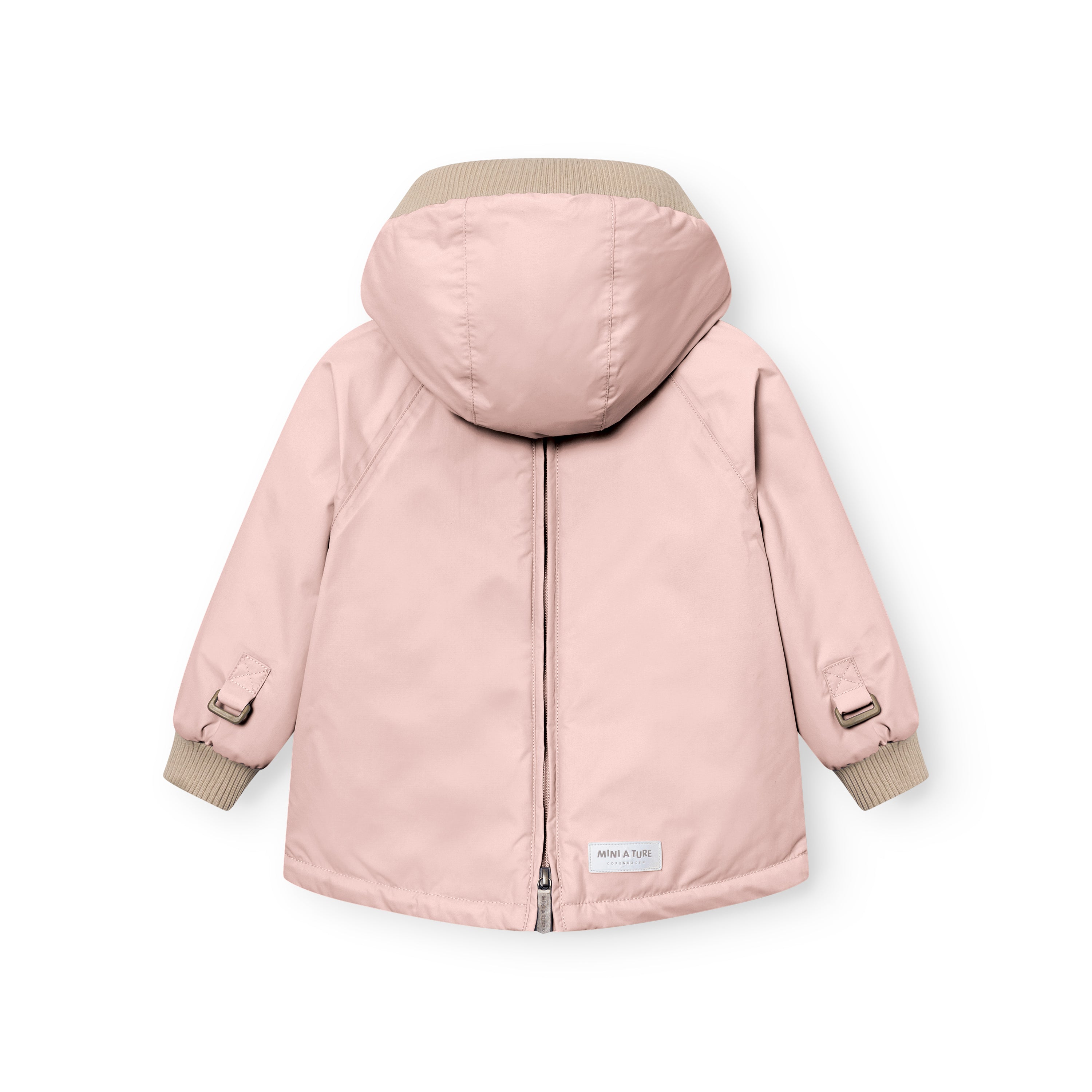 MATBABYWEN anorak in soft pink shown from the back with the full-length zip fully closed, displaying the beige ribbed hood and cuffs, raglan sleeve construction, adjustable sleeve tabs, and a white MINI A TURE label at the lower hem.