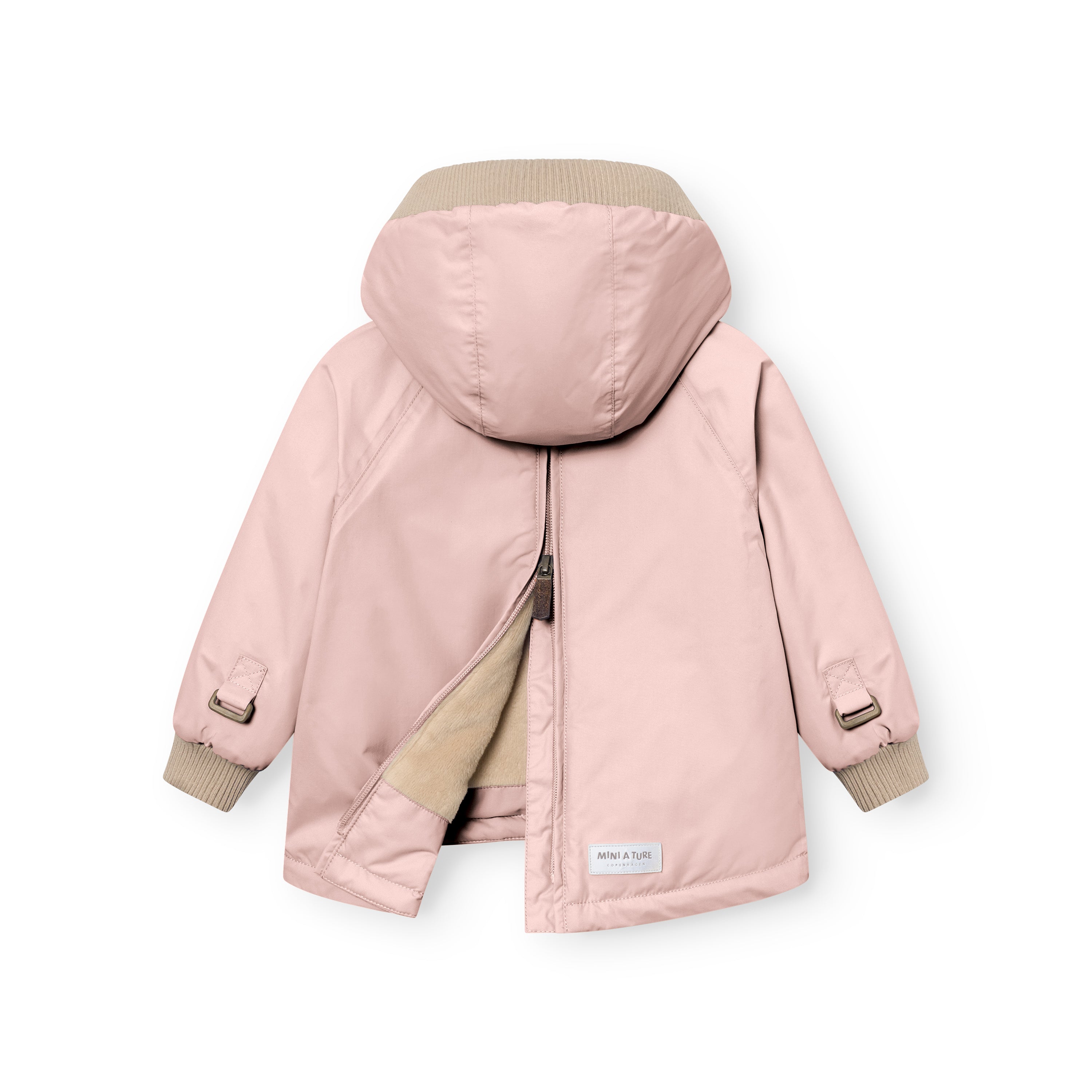 MATBABYWEN anorak in soft pink shown from the back with the full-length zip partially open, revealing the beige fleece lining and raglan sleeve construction, with adjustable sleeve tabs and beige ribbed cuffs and hood visible.