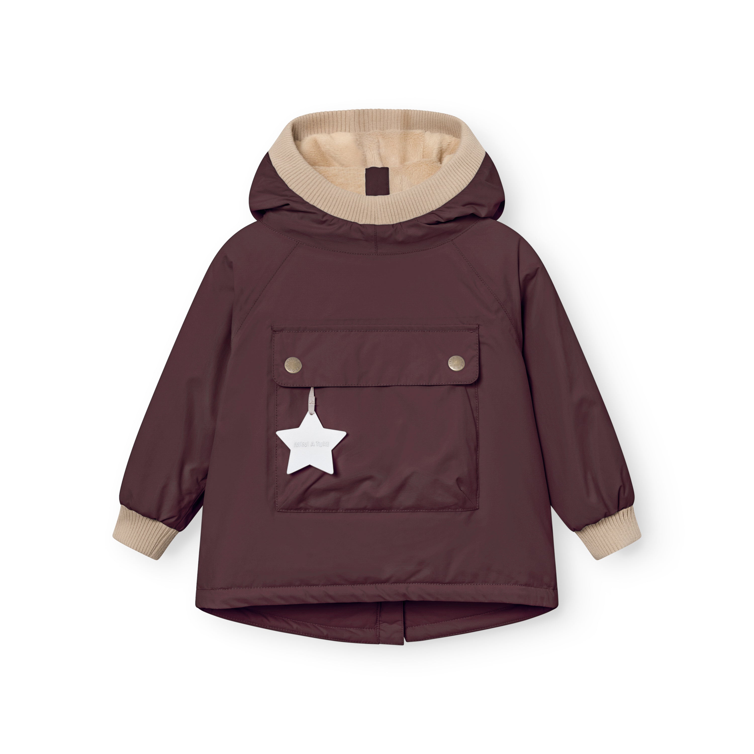 MATBABYWEN anorak in dark plum laid flat from the front, showing the snap-button pocket with white reflective star tag, beige ribbed hood and cuffs, raglan sleeves, and the A-line hem with a small back vent.