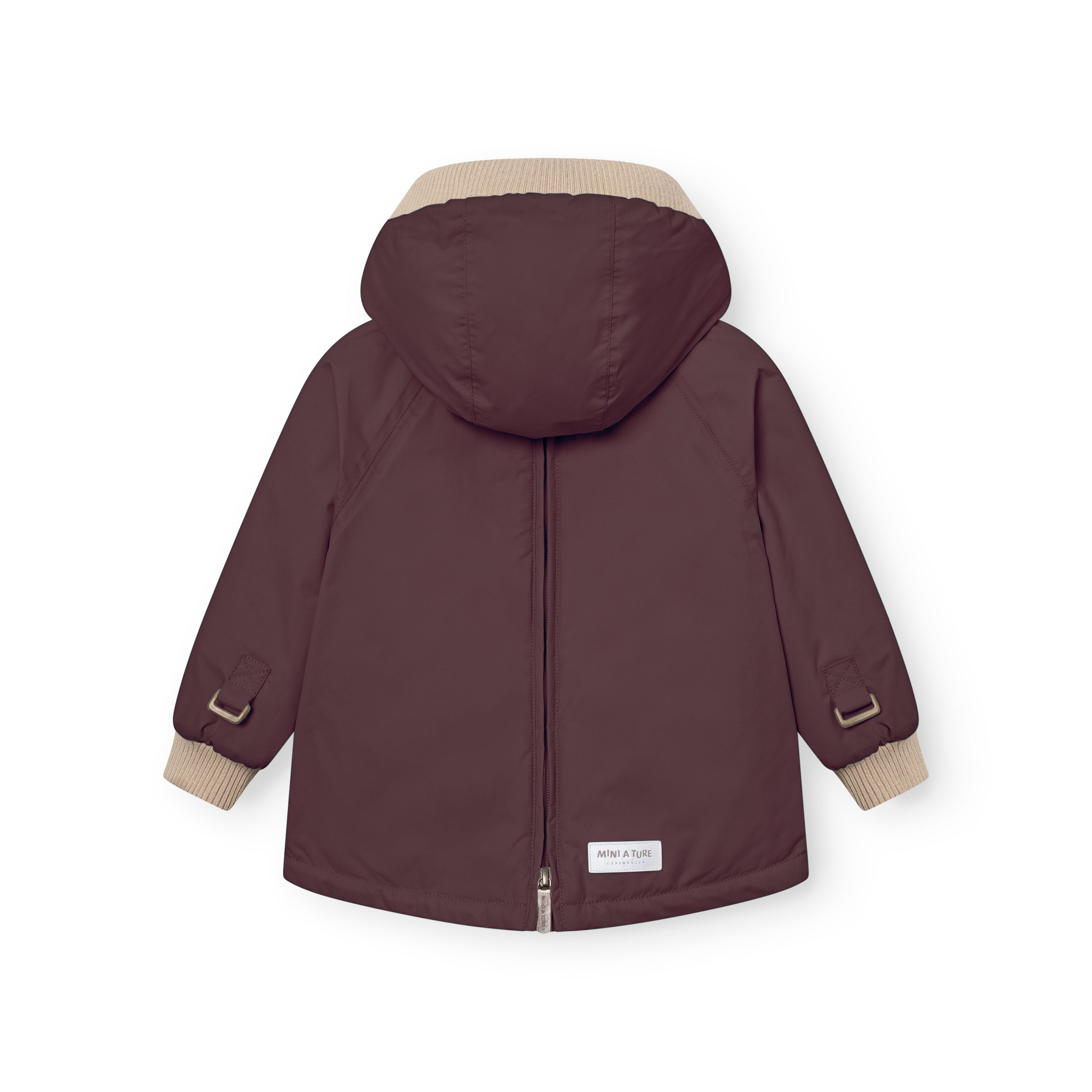 MATBABYWEN anorak in dark plum shown from the back with the full-length zip fully closed, displaying the beige ribbed hood and cuffs, raglan sleeves with adjustable tabs at the wrists, and a white MINI A TURE label at the lower back hem.