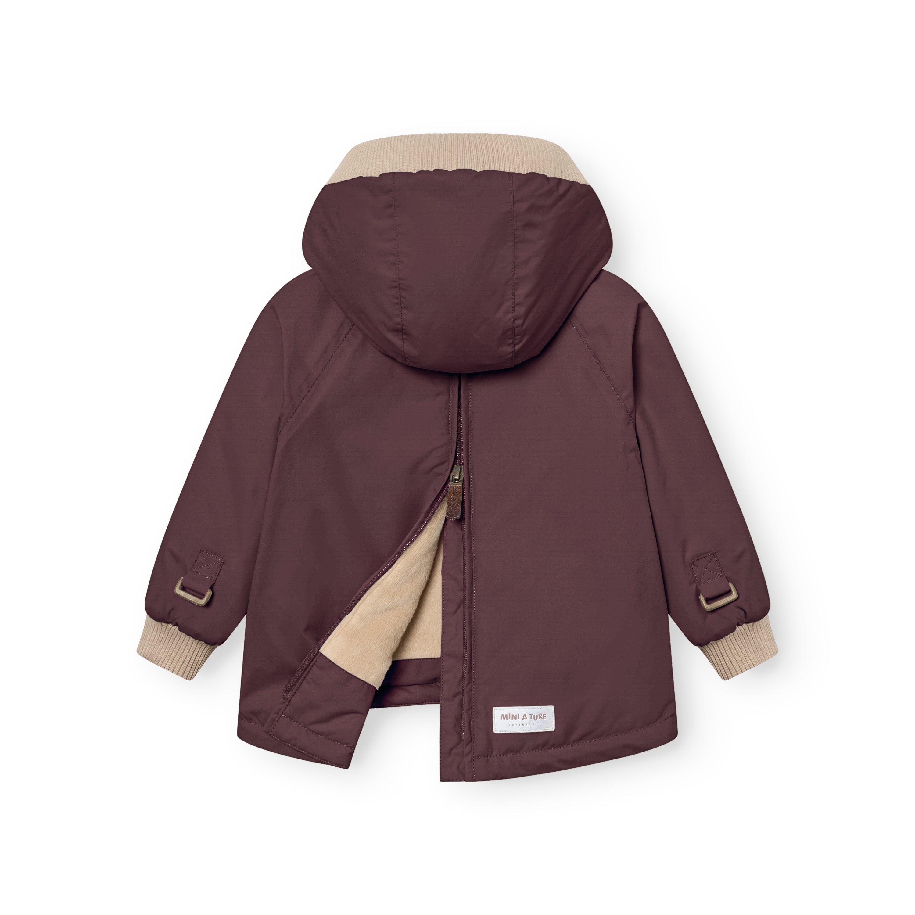 MATBABYWEN anorak in dark plum shown from the back with the full-length zip partially open, revealing the beige fleece lining and demonstrating how the coat opens flat for easier dressing, with adjustable sleeve tabs and beige ribbed hood and cuffs visible.