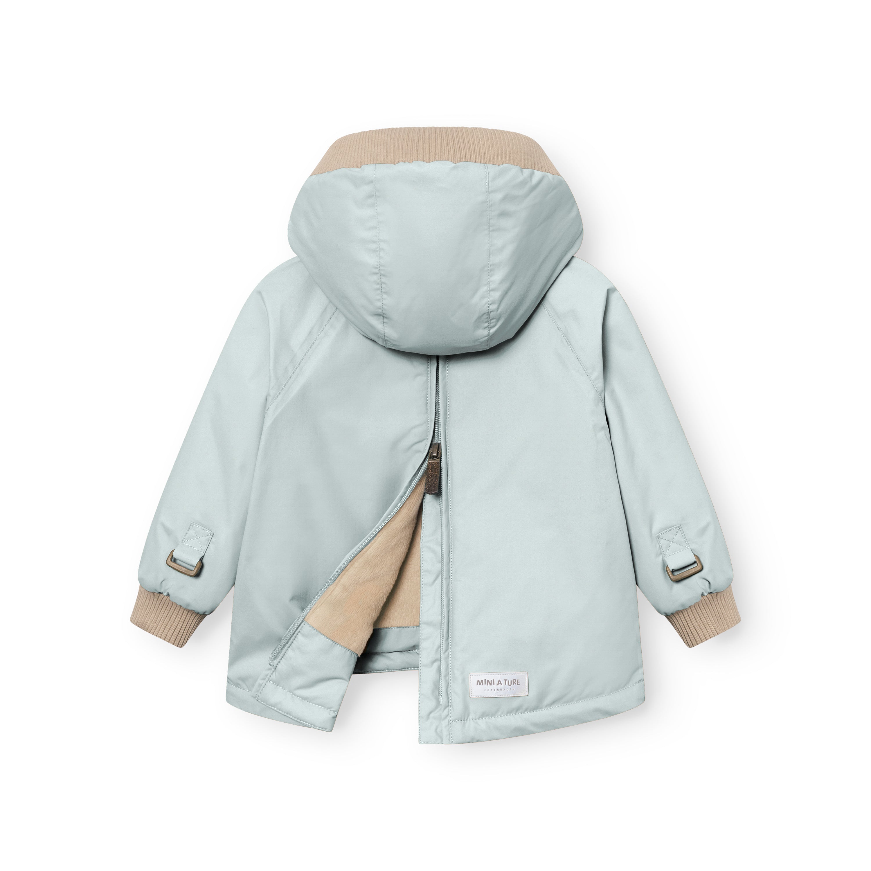 MATBABYWEN anorak in pale blue-grey shown from the back with the full-length zip partially open, revealing the beige fleece lining and demonstrating how the coat opens flat for easier dressing, with adjustable sleeve tabs and beige ribbed hood and cuffs visible.