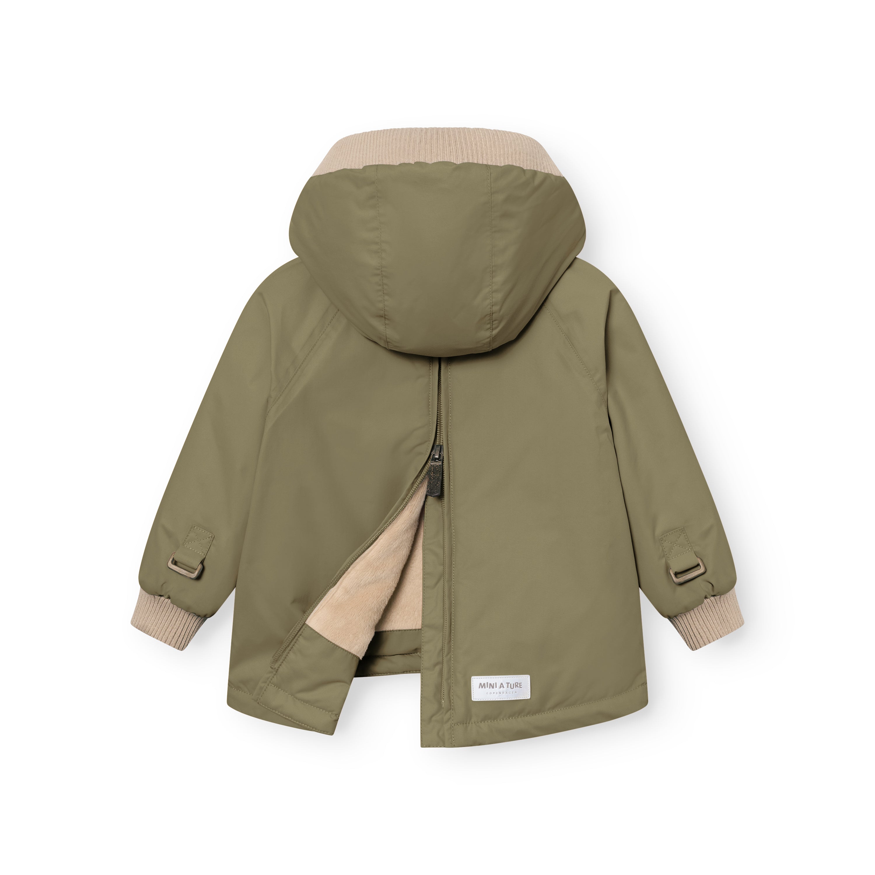 MATBABYWEN anorak in olive green shown from the back with the full-length zip partially open, revealing the beige fleece lining and demonstrating how the coat opens flat for easier dressing, with adjustable sleeve tabs and beige ribbed hood and cuffs visible.