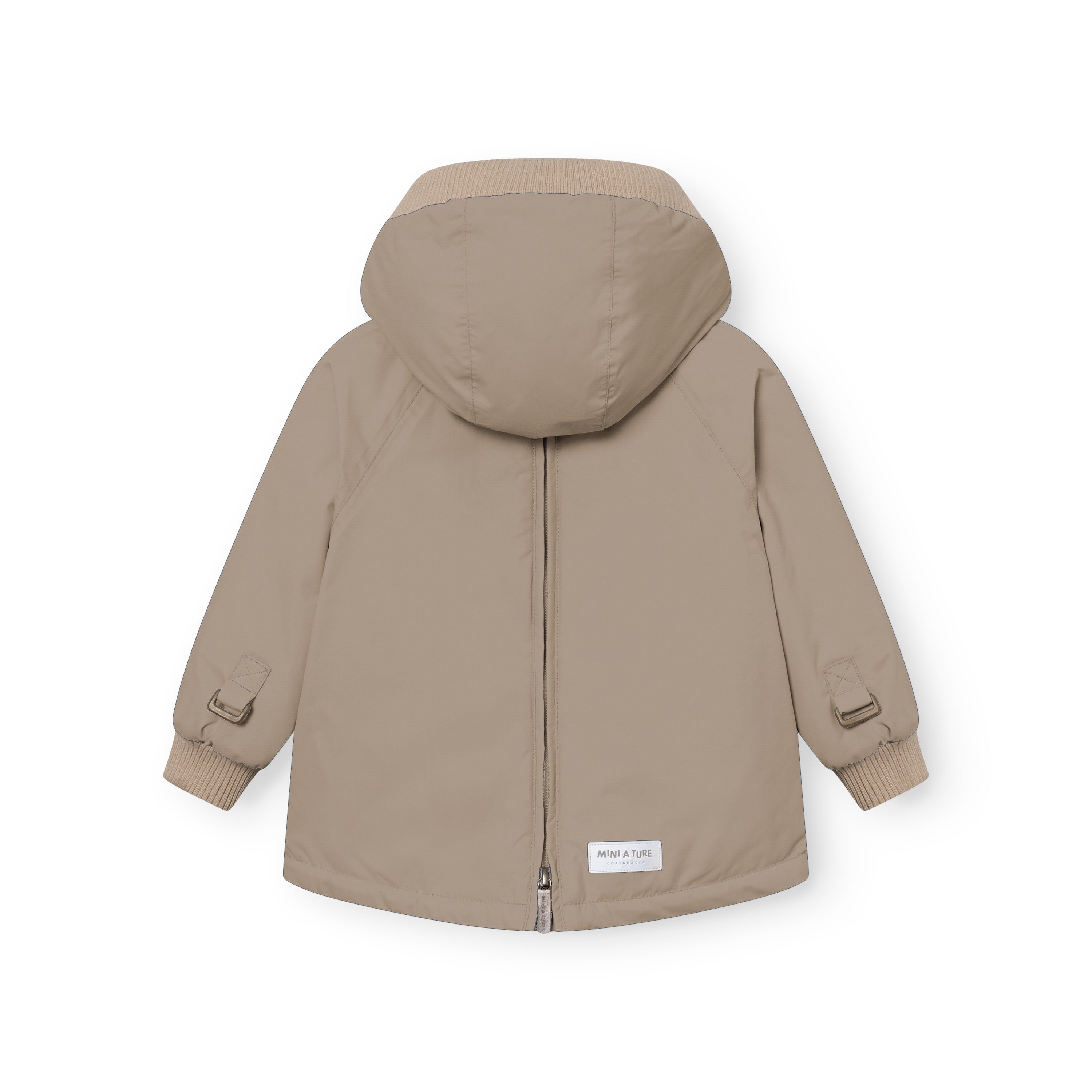 MATBABYWEN anorak in soft beige viewed from the back with the full-length zip closed, showing the ribbed hood and cuffs, raglan sleeves with adjustable elasticated tabs and metal buckles at the wrists, and a white MINI A TURE label at the lower hem above the central back vent.
