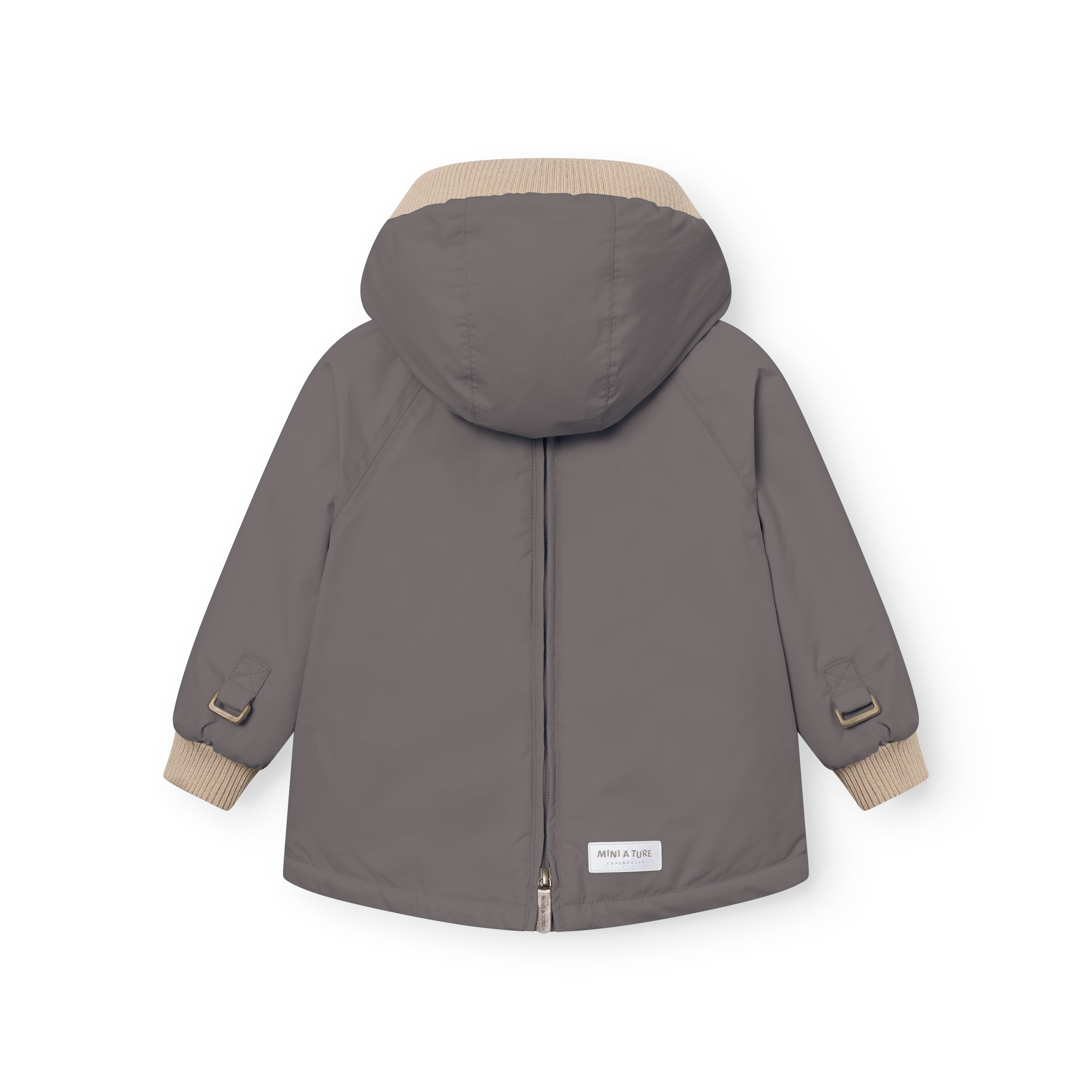 MATBABYWEN anorak in grey laid flat from the back, showing the full-length zip closed from hem to hood, beige ribbed collar and cuffs, and a white MINI A TURE label at the lower back hem.