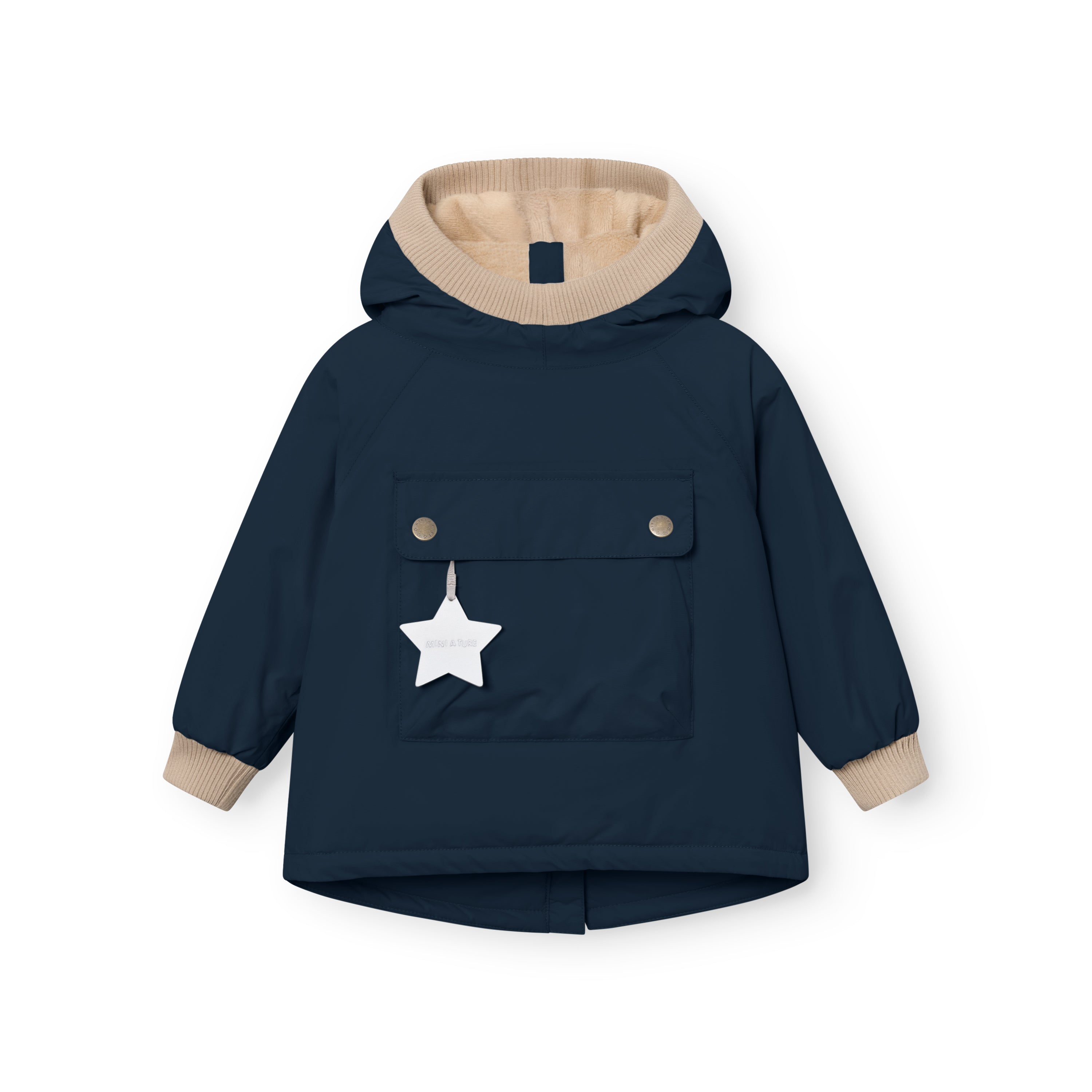 MATBABYWEN anorak in navy blue laid flat from the front, showing the snap-button pocket with white reflective star tag, beige ribbed hood and cuffs, raglan sleeves, and the A-line hem with a small back vent.